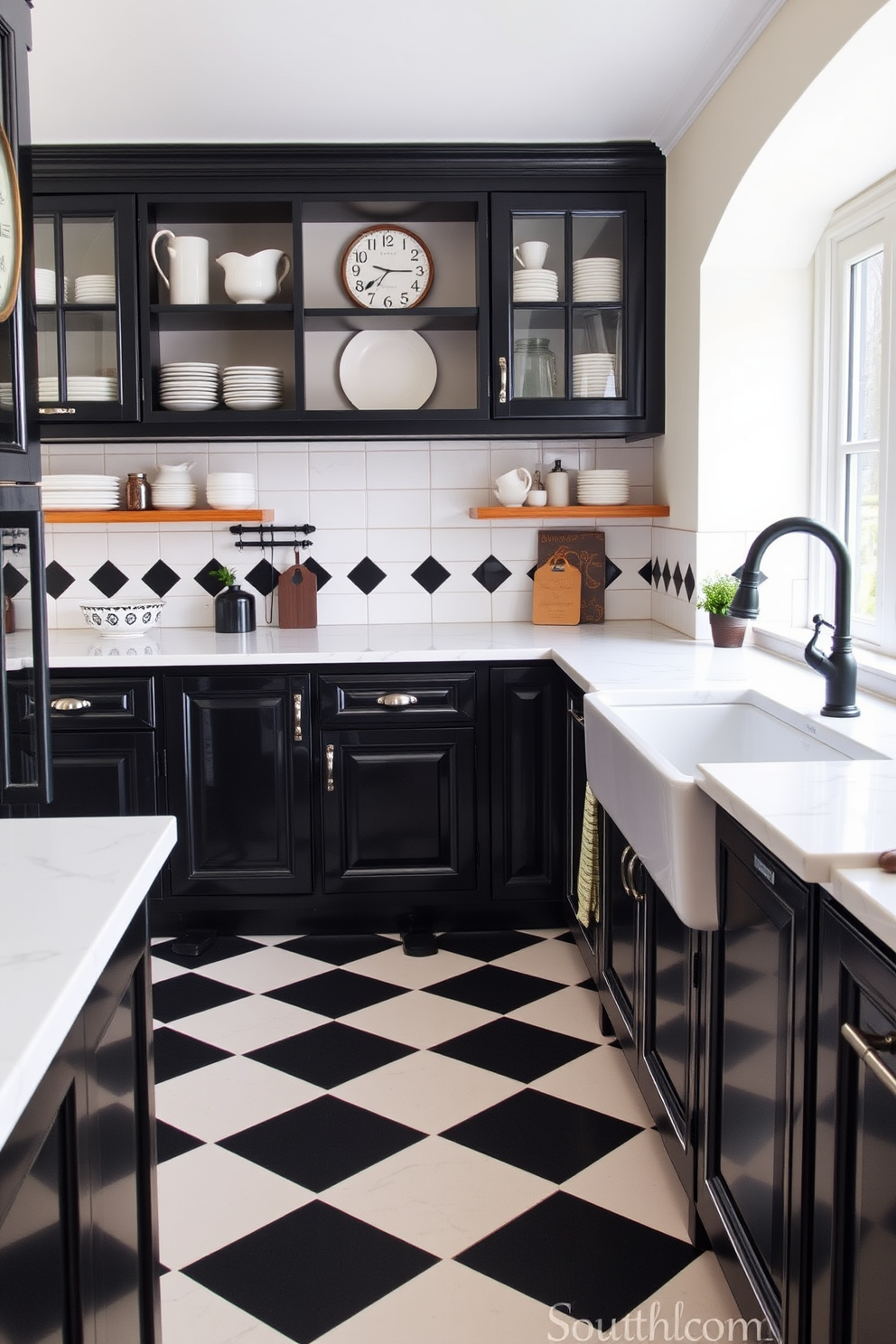 A vintage black and white kitchen features a classic checkered floor with contrasting tiles that create a timeless appeal. The cabinetry is painted in a glossy black finish, complemented by white marble countertops and retro-inspired hardware. Decorative elements include black and white ceramic dishes displayed on open shelves and a vintage clock hanging on the wall. A farmhouse sink with a black faucet adds functionality while enhancing the overall aesthetic of the space.