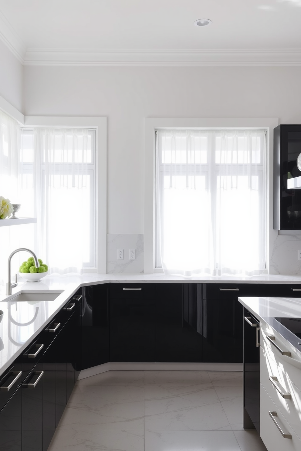 A bright and airy kitchen filled with natural light streaming through large windows adorned with sheer white curtains. The design features a sleek black and white color palette, with glossy black cabinets contrasting against white marble countertops and a stylish backsplash.