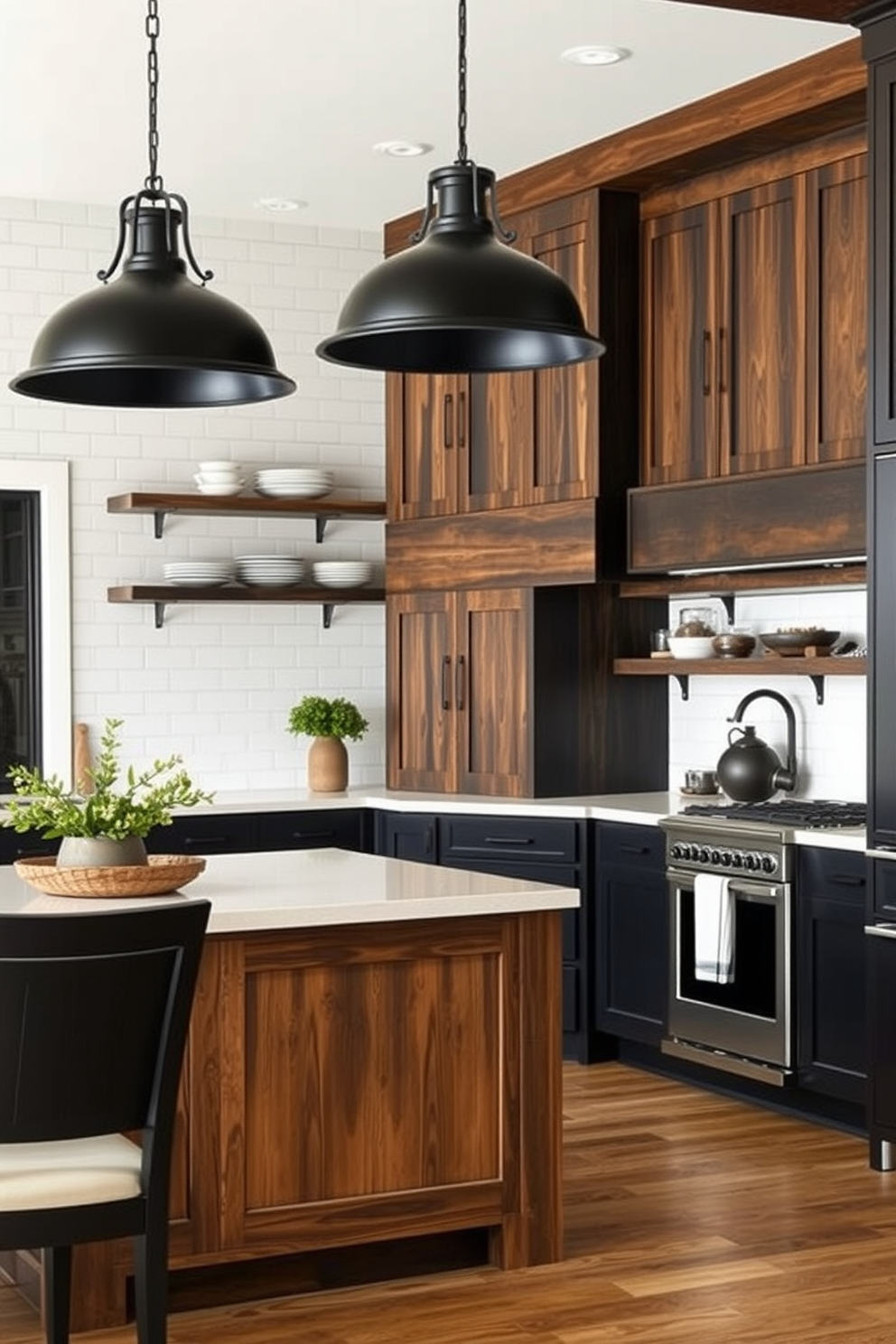 A rustic kitchen design featuring wooden accents in a sleek black finish. The cabinetry combines dark wood with white countertops, creating a striking contrast that enhances the overall aesthetic. Large black metal fixtures hang above a central island, providing both illumination and style. The walls are adorned with white tiles, while open shelving displays curated dishware and rustic decor elements.