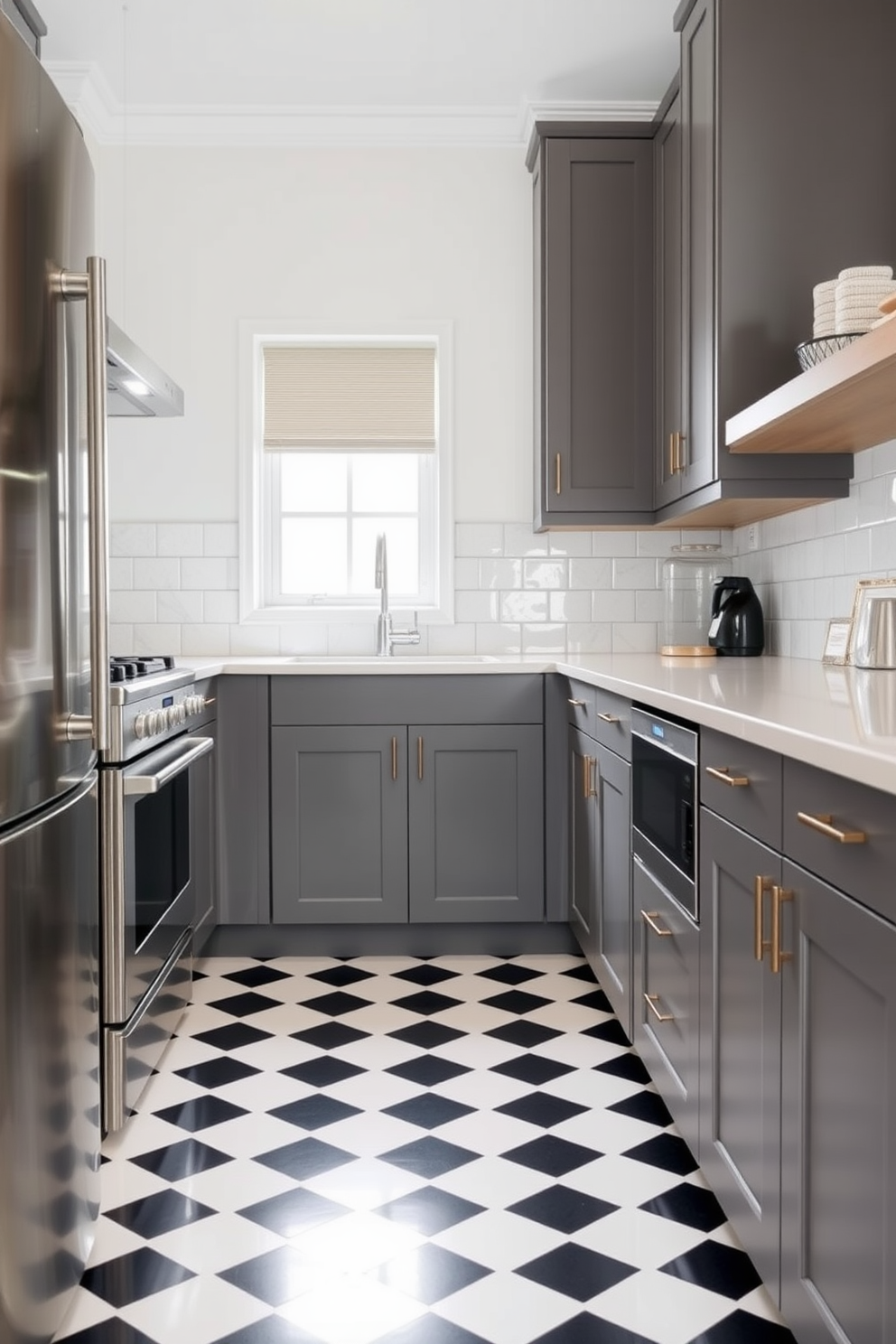 A stylish kitchen featuring white subway tiles with black grout that create a striking contrast on the walls. The countertops are a sleek black stone, complemented by modern stainless steel appliances and minimalist cabinetry. The kitchen island is adorned with black bar stools, providing a chic seating area. Natural light floods the space through large windows, enhancing the black and white color scheme and creating an inviting atmosphere.