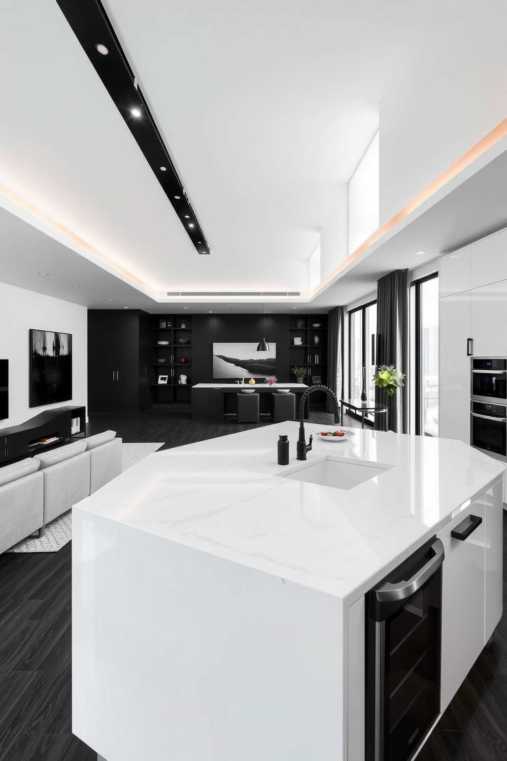 A rustic wooden table is set in the center of the kitchen accompanied by sleek black chairs. The warm tones of the wood contrast beautifully with the modern black accents throughout the space. The kitchen features a striking black and white color scheme that creates a bold yet elegant atmosphere. Glossy white cabinets are paired with matte black countertops, providing a perfect balance of textures.