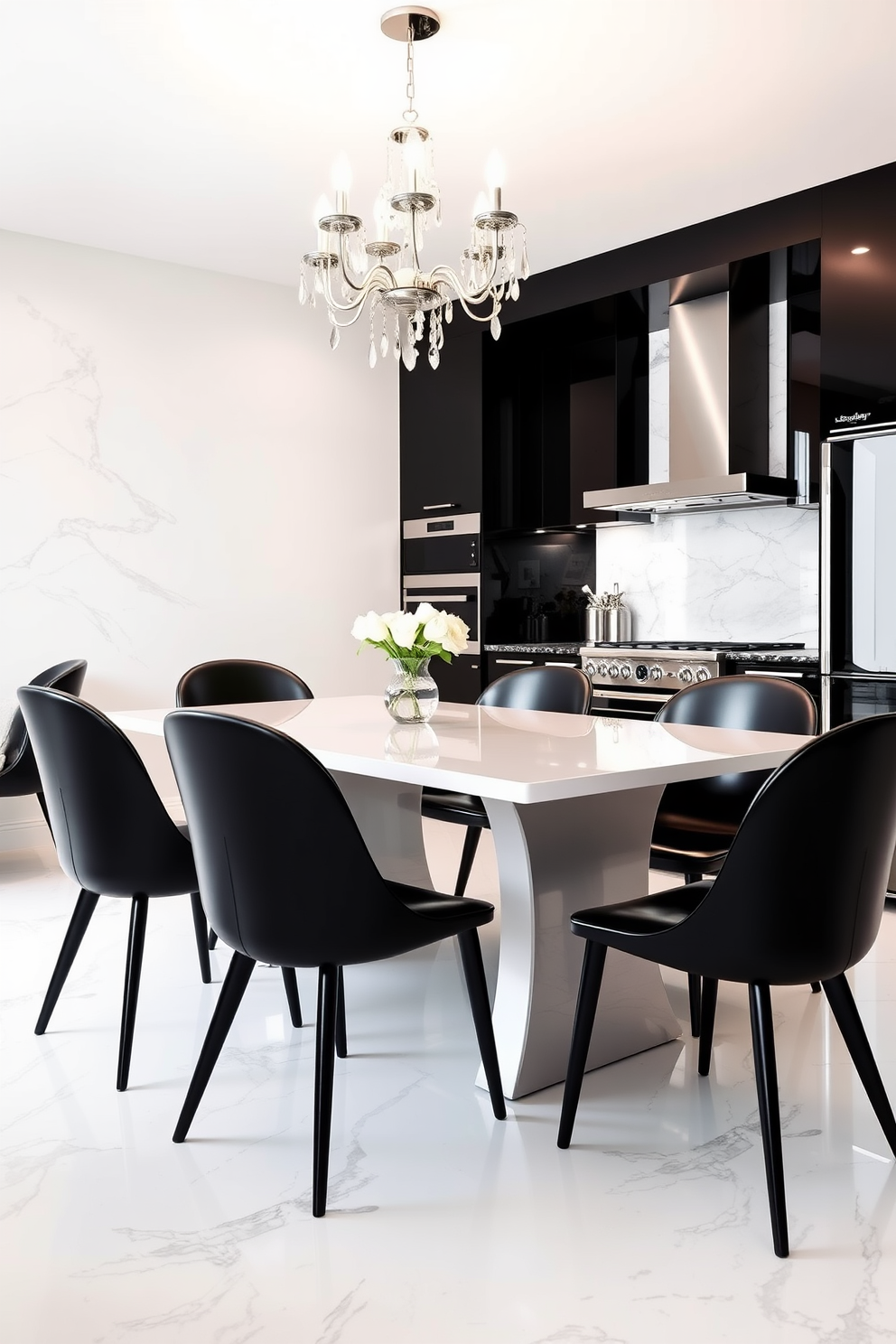 Striking black dining chairs surround a sleek white dining table. The room features an elegant chandelier above, casting a warm glow over the modern setting. The black and white kitchen design showcases high-gloss cabinetry and a contrasting marble backsplash. Stainless steel appliances complement the monochromatic theme, creating a chic and functional space.