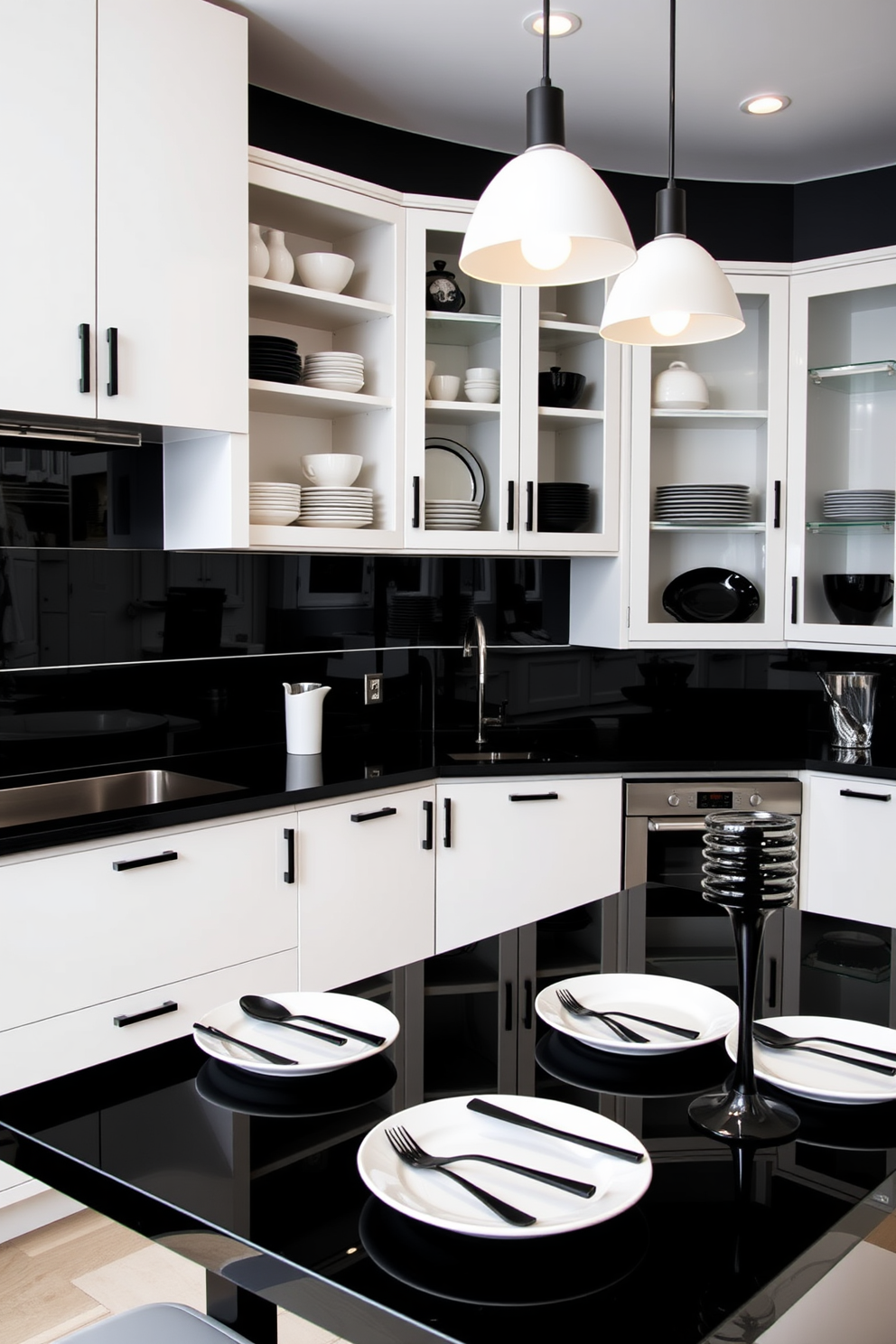 A modern kitchen featuring a striking contrast of black and white dishware displayed on open shelving. The cabinets are sleek white with black hardware, and the countertops are a glossy black that complements the overall design. The dining area includes a stylish black table set with elegant white plates and black utensils. Bright pendant lights hang above, casting a warm glow over the monochromatic arrangement.