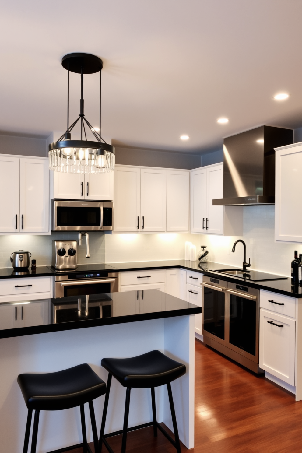 A modern kitchen featuring stylish black light fixtures that hang elegantly above a large island. The cabinetry is a sleek white, contrasting beautifully with the black fixtures and the glossy black countertops. The overall design embraces a black and white theme, with geometric patterns on the backsplash adding visual interest. Natural light floods the space through large windows, enhancing the clean lines and contemporary feel of the kitchen.