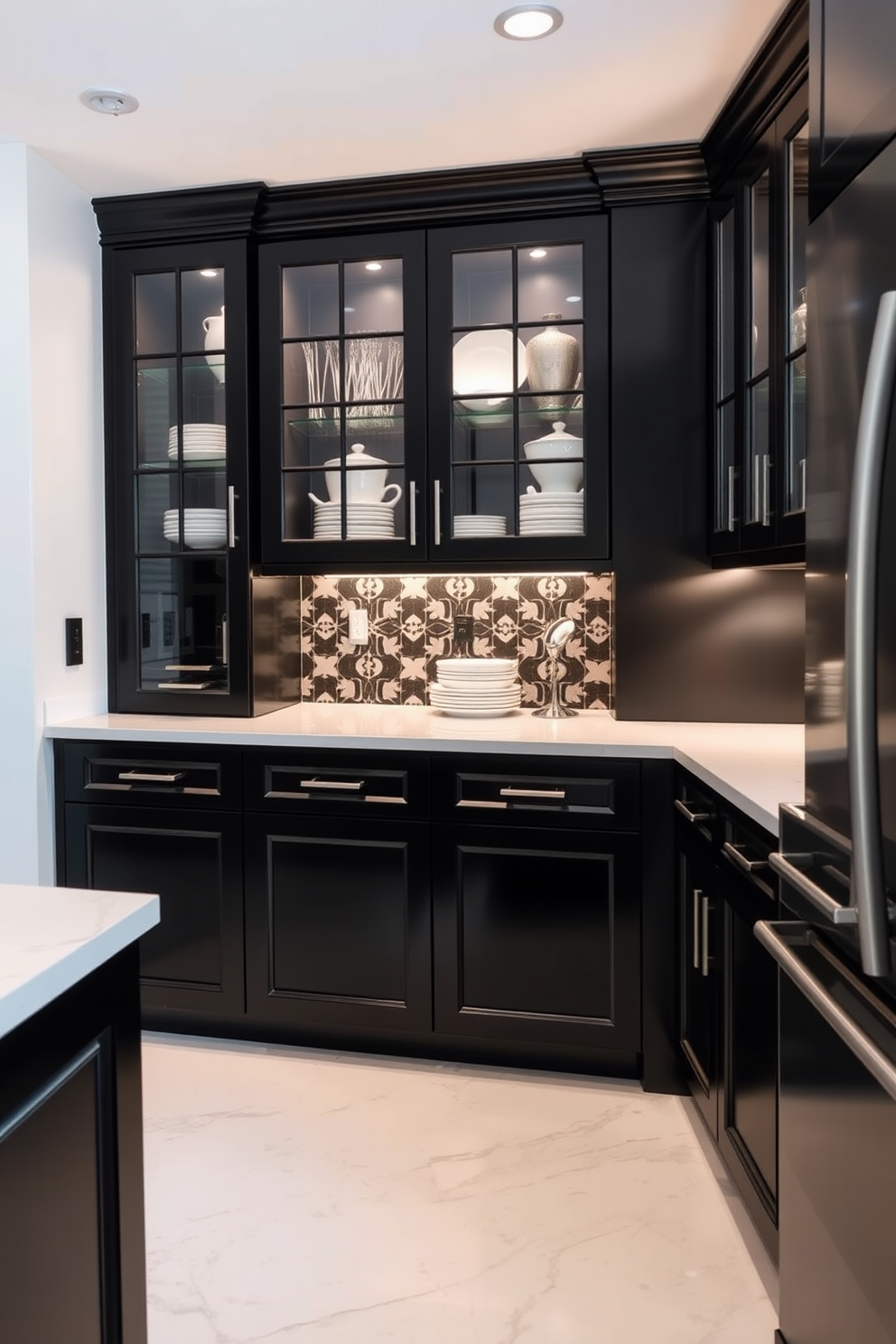 A sleek modern kitchen featuring black cabinetry with glass doors that showcase elegant dishware. The countertops are a bright white, contrasting beautifully with the cabinetry while the backsplash features a black and white geometric pattern.