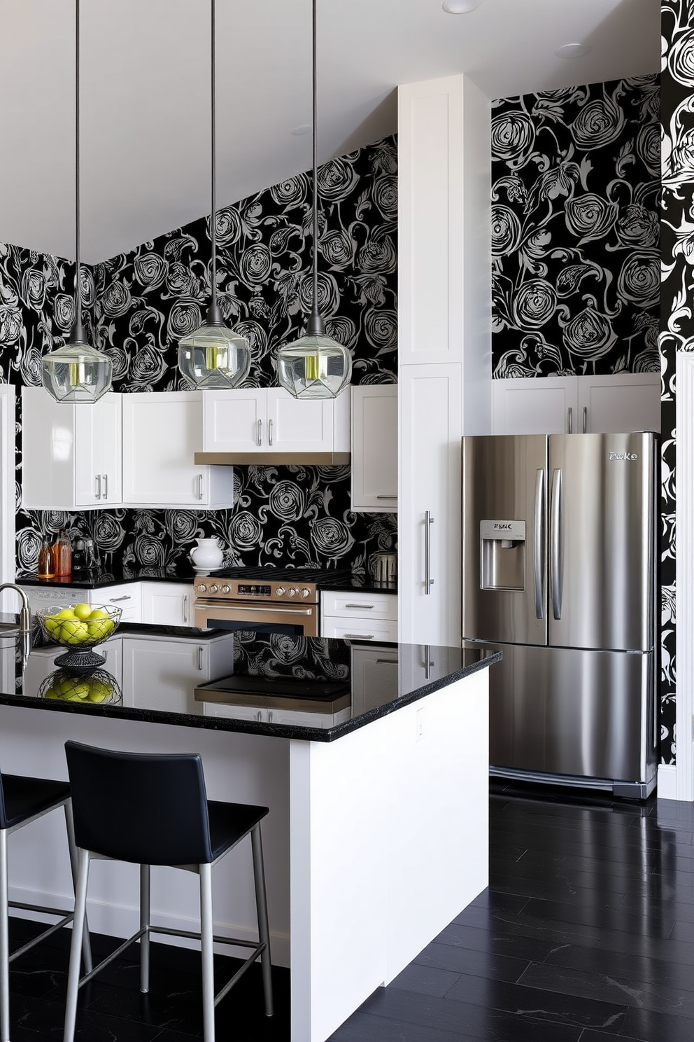 Artistic black and white wallpaper adorns the walls of a modern kitchen, creating a striking contrast with sleek white cabinetry and stainless steel appliances. The space features a large island with black granite countertops, complemented by stylish bar stools that invite casual dining and conversation. In this black and white kitchen design, a retro-style refrigerator stands out against the bold wallpaper, while pendant lights with geometric designs hang above the island. The overall aesthetic is both chic and functional, perfect for a contemporary culinary experience.