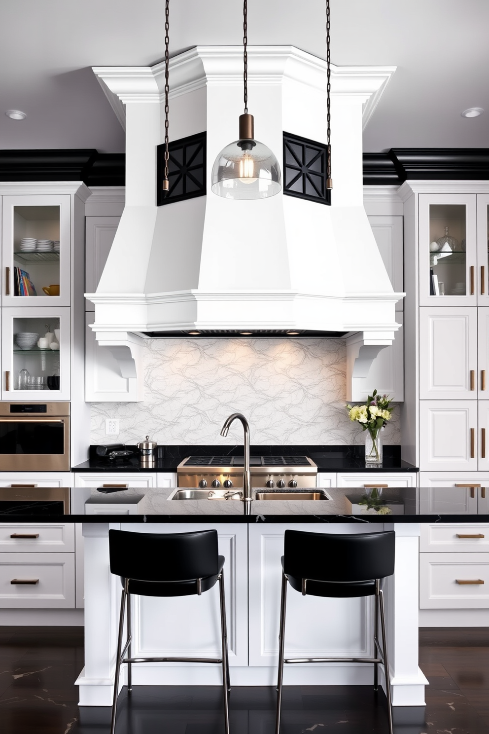 An elegant white range hood with black details is the focal point of a stunning kitchen. The cabinetry is a mix of white and black, creating a striking contrast that enhances the overall design. The countertops are a sleek black marble, complementing the white cabinetry perfectly. A spacious island with bar stools invites gatherings, while stylish pendant lights hang above for added elegance.