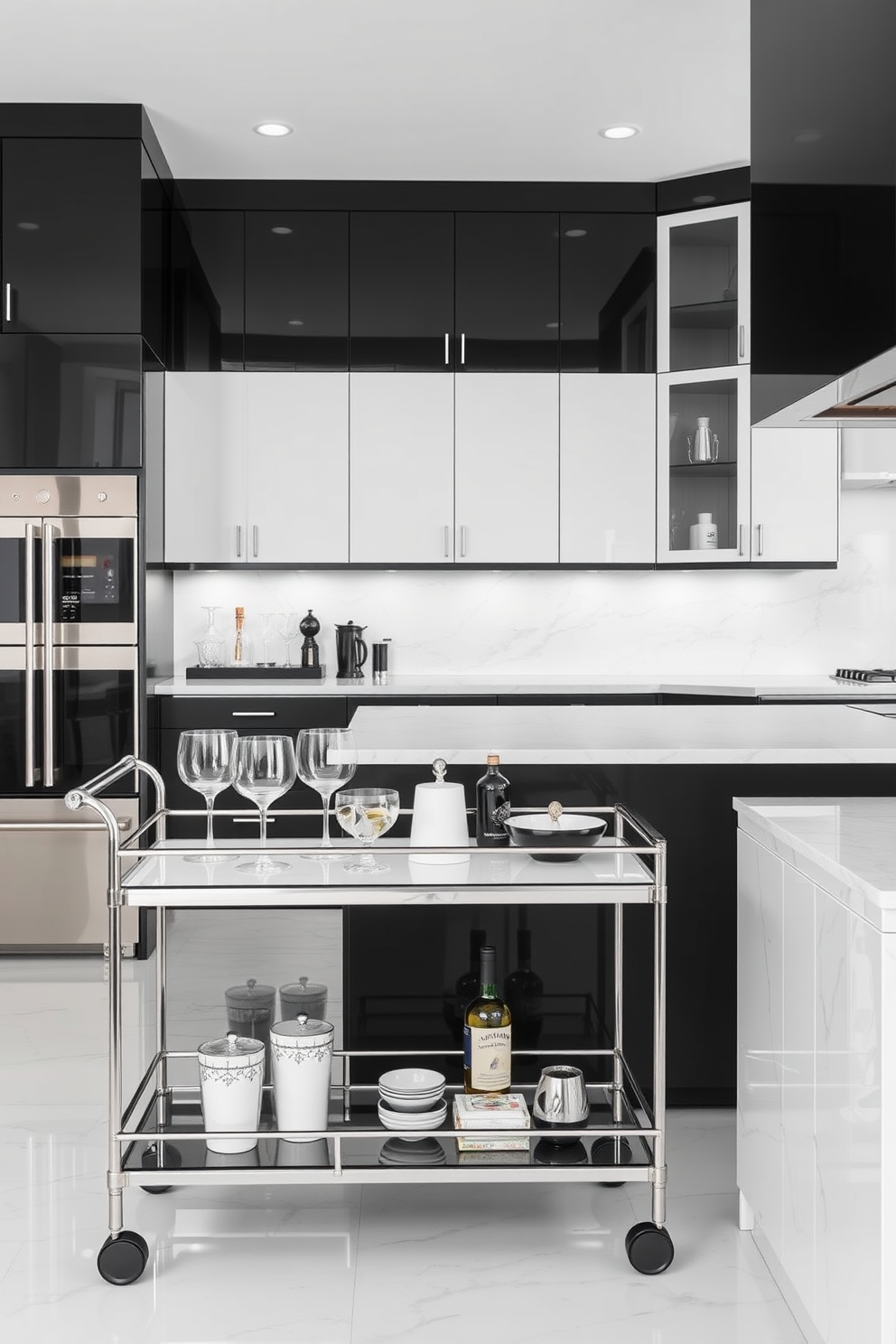 A modern open layout featuring sleek black accents throughout the space. The kitchen showcases a striking black and white design with high-gloss cabinetry and a large island that serves as a focal point. The countertops are a pristine white with subtle veining, complementing the matte black appliances seamlessly. Pendant lights with black shades hang above the island, adding sophistication and warmth to the overall aesthetic.