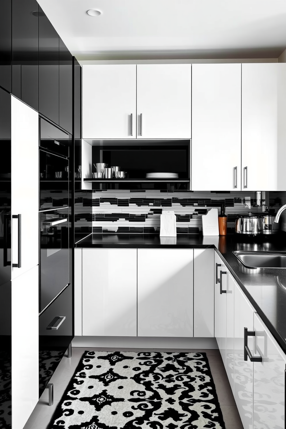 A striking black and white kitchen featuring bold wallpaper as a statement piece. The cabinetry is sleek and modern, complemented by white countertops and stainless steel appliances. The wallpaper showcases intricate patterns that draw the eye, creating a focal point in the room. Accents of black are used in the bar stools and light fixtures, enhancing the overall design.