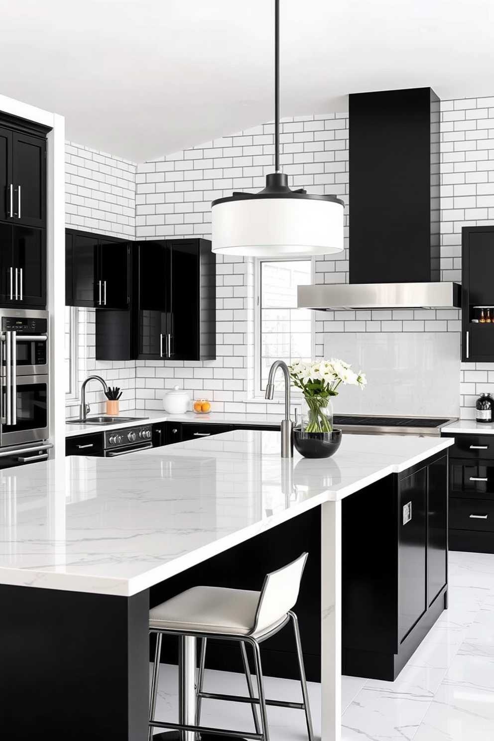 A modern kitchen featuring white subway tiles with black grout on the walls. The cabinetry is sleek and black, complemented by a white marble countertop and stainless steel appliances. A stylish black and white kitchen design showcasing an open layout. The island is adorned with bar stools and a statement light fixture hangs above, creating a focal point in the space.