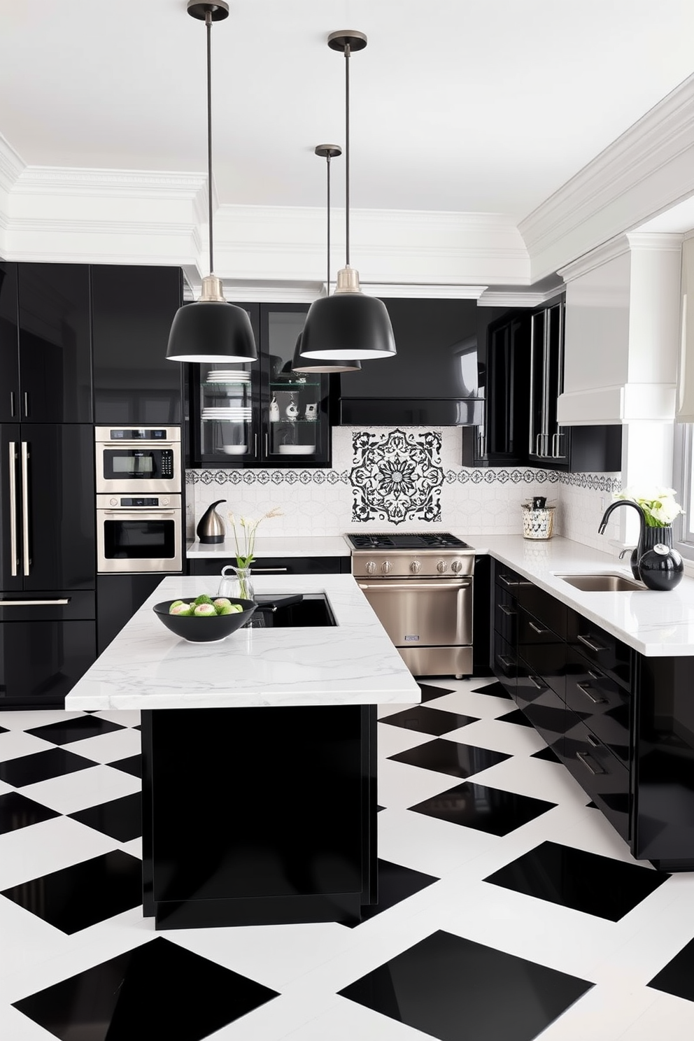 A bright white ceiling with exposed black beams creates a striking contrast in the space. The kitchen features sleek black cabinets paired with white countertops, enhancing the modern aesthetic. The backsplash is adorned with black and white geometric tiles, adding visual interest. Stainless steel appliances complete the look, providing a polished and functional design.