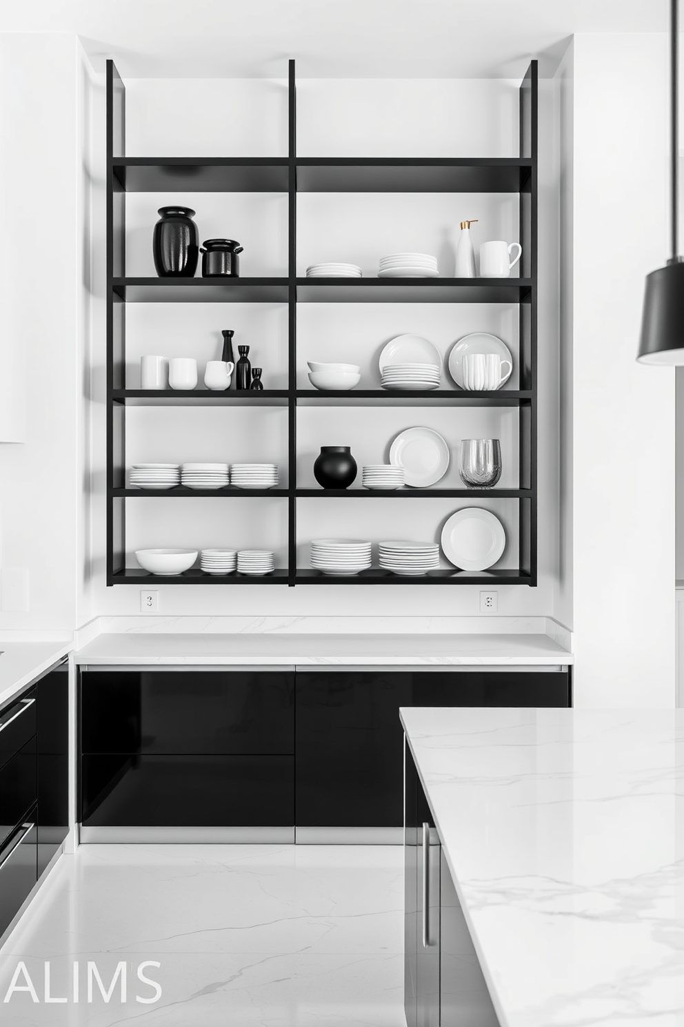 A minimalist open shelving unit in black is mounted on the wall, showcasing an array of neatly organized dishware and decorative items. The shelves are complemented by a sleek white countertop that enhances the overall modern aesthetic of the space. The black and white kitchen design features high-gloss cabinetry in black paired with white marble countertops, creating a striking contrast. A large central island with bar seating invites social gatherings while maintaining a clean and uncluttered look.