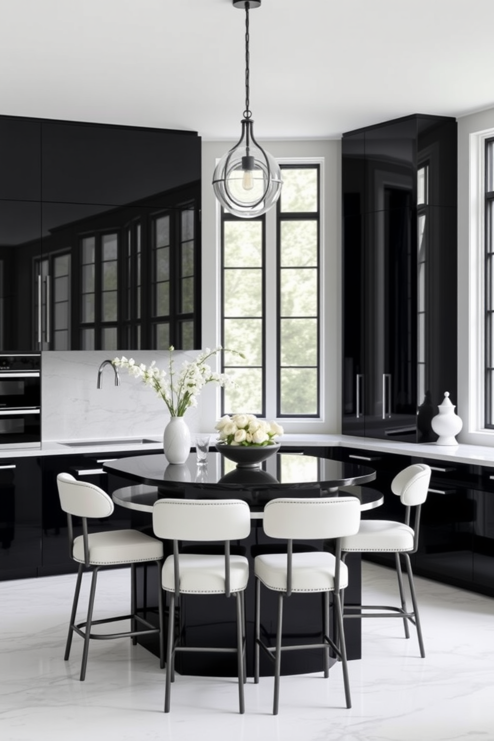 A stylish kitchen featuring white cabinets complemented by sleek black hardware. The countertops are a polished black stone, and the backsplash consists of white subway tiles for a classic touch. An island in the center provides additional workspace and is adorned with black bar stools. Natural light floods the space through large windows, enhancing the contrast between the black and white elements.