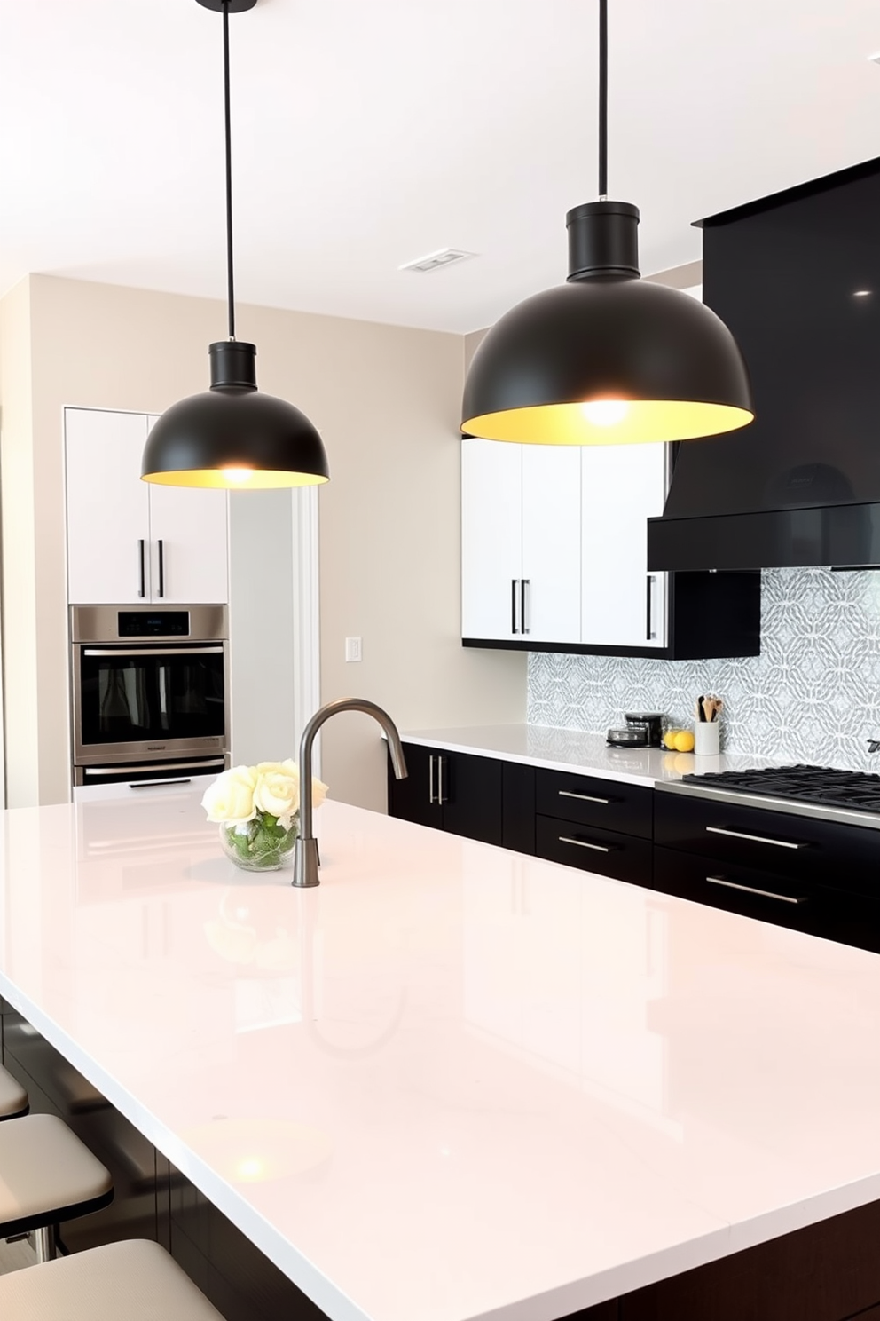 Elegant pendant lights in black finish hang gracefully above a spacious kitchen island. The stylish fixtures cast a warm glow over the sleek black and white cabinetry, creating a striking contrast. The kitchen features glossy white countertops that complement the matte black cabinets. A chic backsplash with geometric patterns adds visual interest to the overall design.