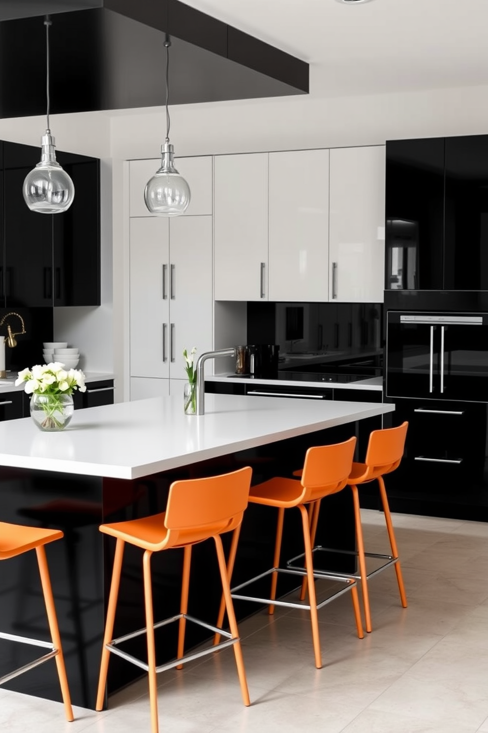 A sleek black and white kitchen featuring a black and white checkerboard flooring. The cabinets are glossy white with black hardware, complemented by a large island with a black marble countertop. Above the island, elegant pendant lights hang, casting a warm glow over the space. The backsplash is adorned with white subway tiles, adding a classic touch to the modern design.