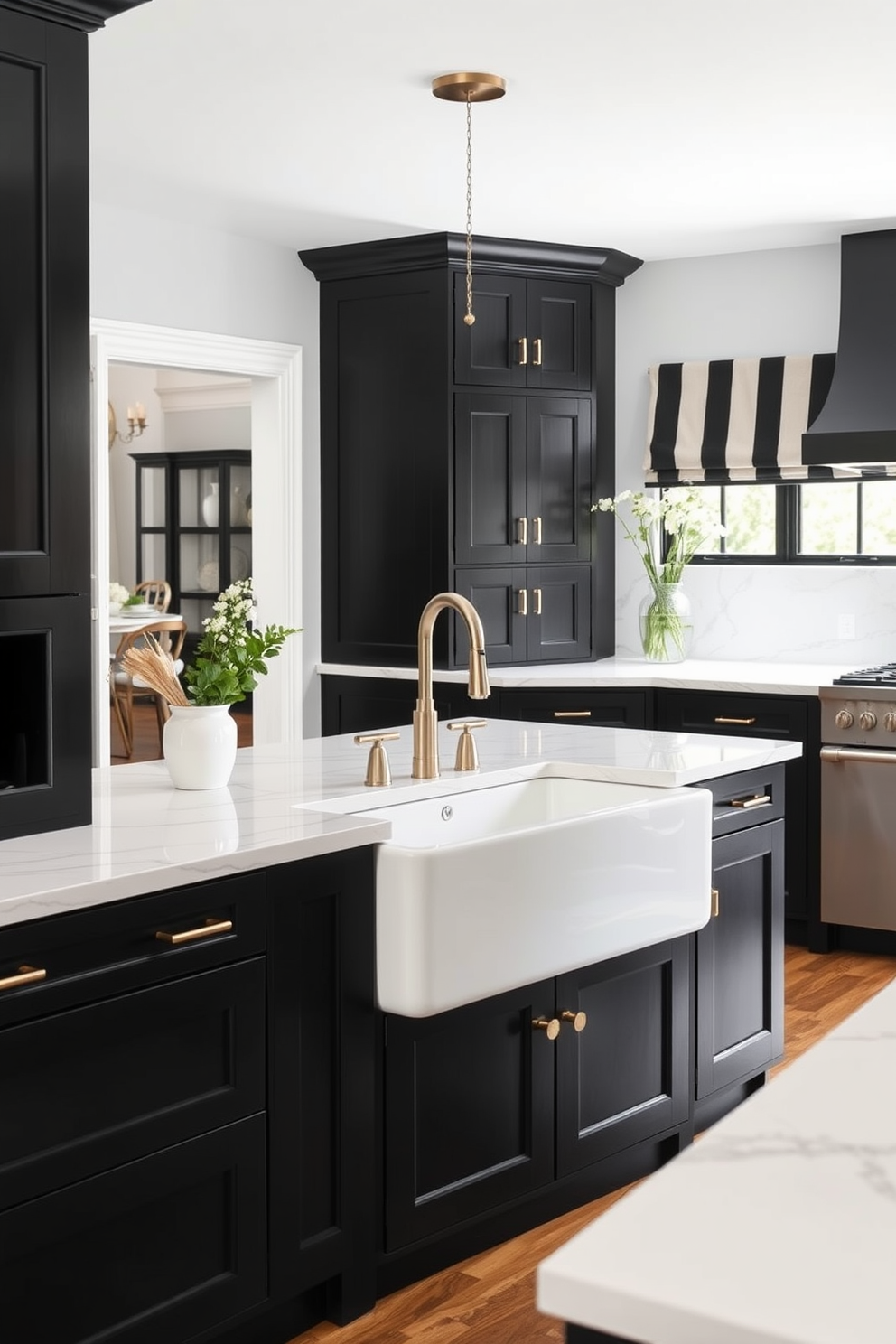 A stylish farmhouse sink in white is the centerpiece of this black and white kitchen. The cabinetry features sleek black finishes, while the countertops are adorned with white marble, creating a striking contrast.