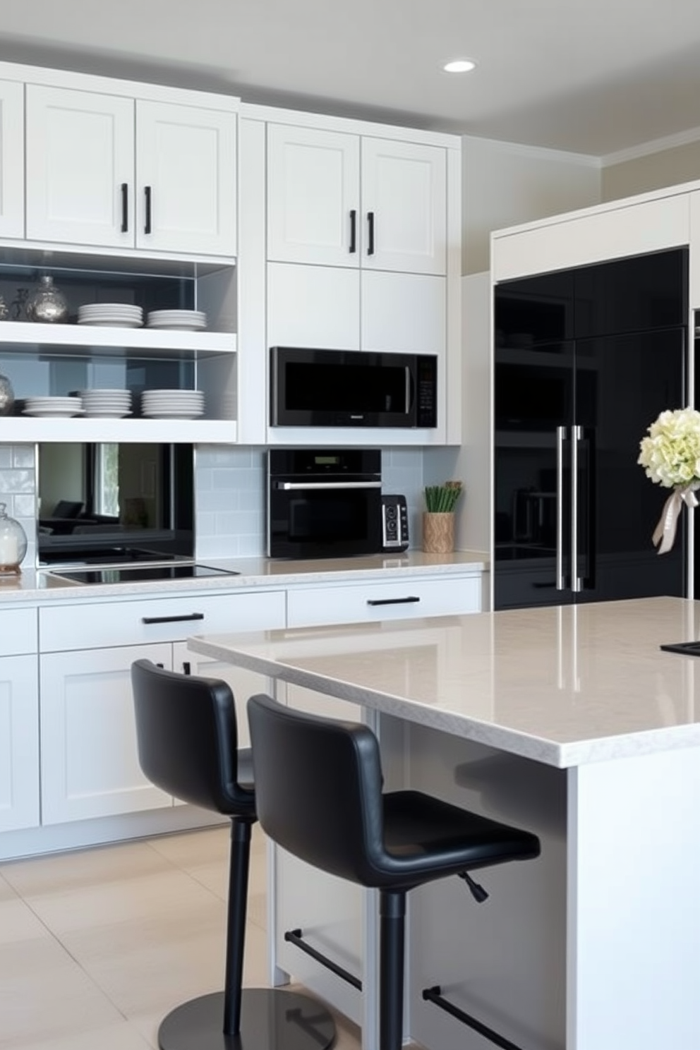 A modern kitchen featuring sleek black appliances seamlessly integrated with crisp white cabinetry. The countertops are a polished white stone, contrasting beautifully with the matte black finishes of the appliances. Open shelving above the countertops showcases stylish dishware, adding a touch of elegance to the space. A chic black island with bar stools provides a perfect gathering spot for family and friends.