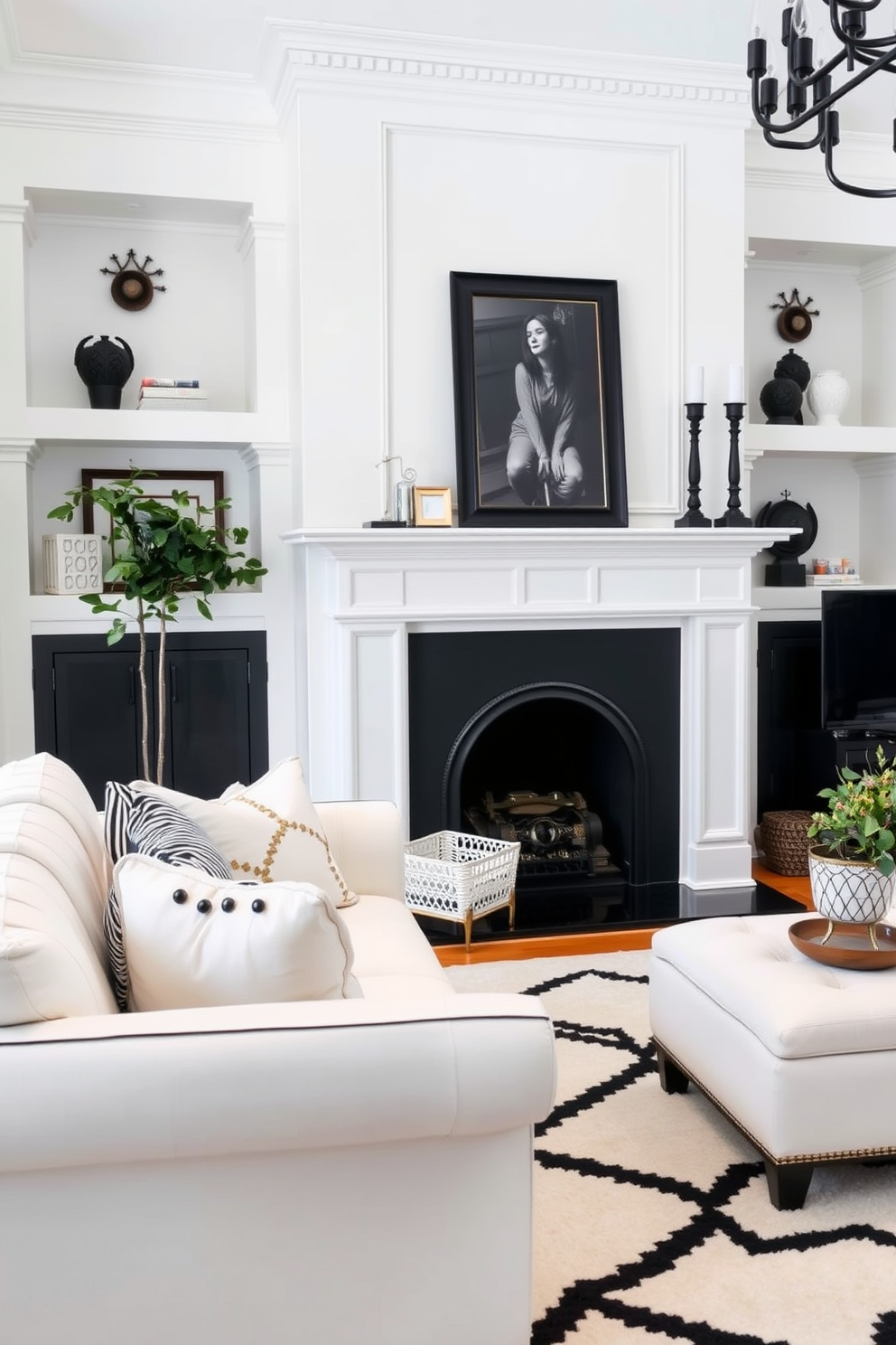 A white fireplace serves as the focal point of the living room, adorned with elegant black mantel decor that adds a touch of sophistication. The space features a harmonious blend of black and white elements, including a plush sofa, geometric patterns, and stylish accent pieces that create a modern yet inviting atmosphere.