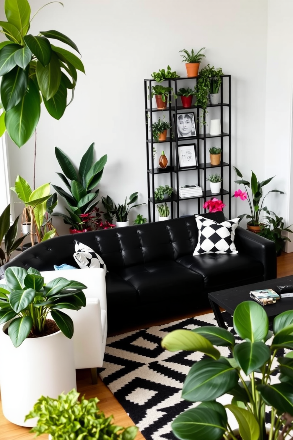 A sleek white fireplace with a black mantle serves as the focal point of the living room. The space features a harmonious blend of black and white furniture, including a plush white sofa and stylish black accent chairs. Large windows allow natural light to flood the room, enhancing the contrast between the dark and light elements. A geometric black and white rug anchors the seating area, adding visual interest and warmth to the design.