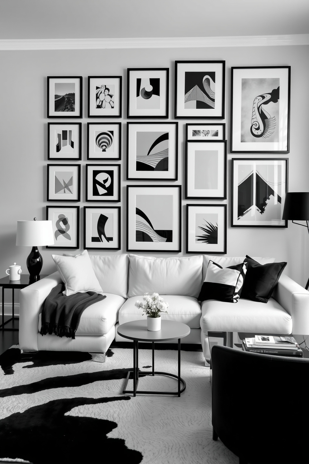 A striking black and white gallery wall arrangement features a mix of framed art pieces, photographs, and abstract prints in various sizes. The frames are sleek and modern, creating a cohesive look that draws the eye and adds character to the space. The black and white living room design includes a plush sectional sofa adorned with contrasting throw pillows. A bold area rug anchors the space, while minimalist decor elements and a chic coffee table complete the sophisticated atmosphere.