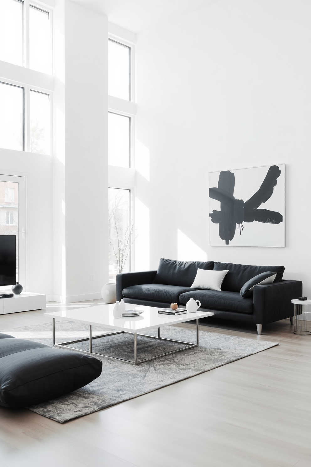 A stylish black and white patterned wallpaper adorns the walls of a modern living room, creating a striking visual impact. The room features a sleek black sofa paired with white accent chairs, complemented by a minimalist coffee table at the center. Natural light floods the space through large windows, enhancing the bold contrast of the decor. A plush area rug anchors the seating arrangement, while black and white artwork adds a touch of sophistication to the atmosphere.