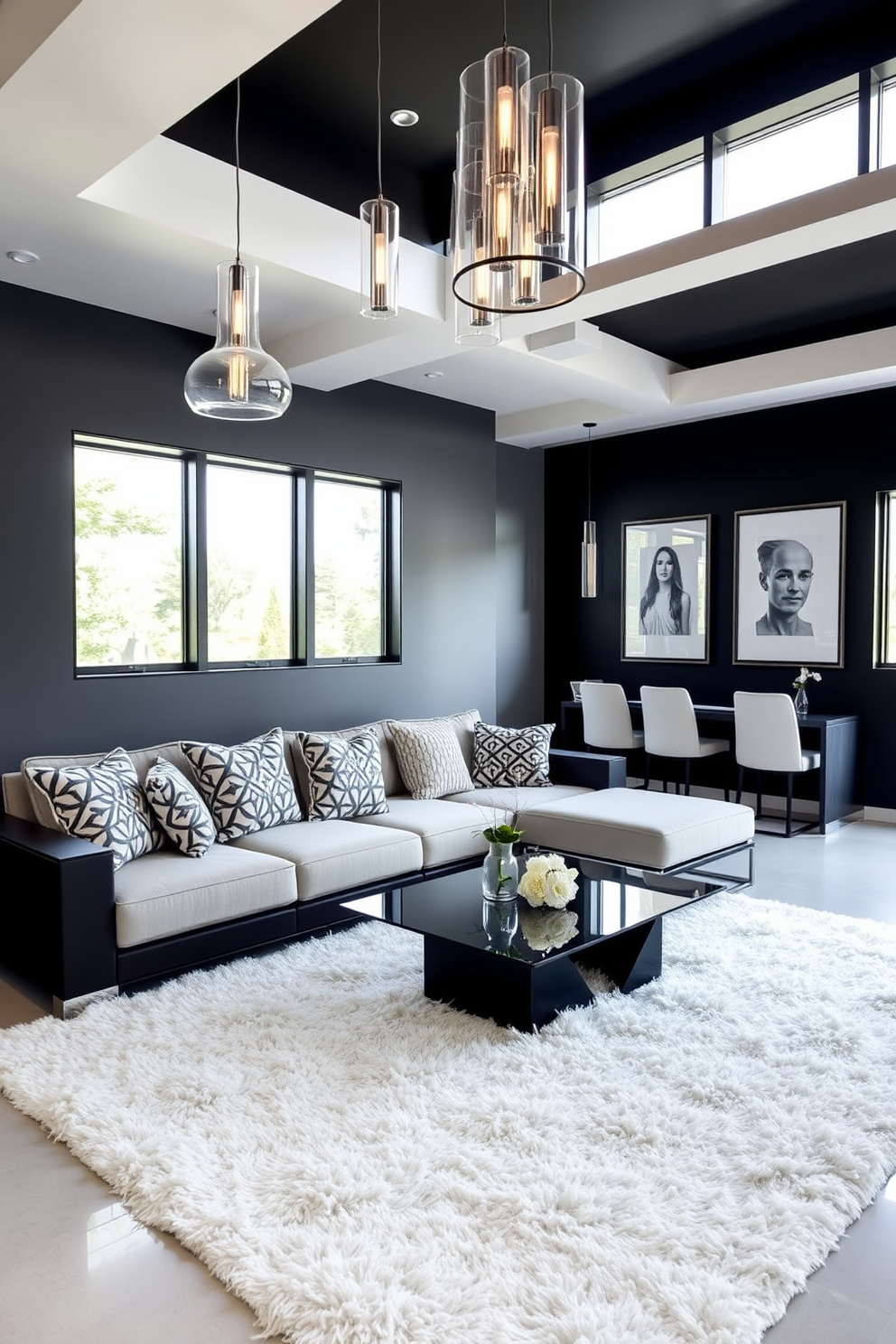 A striking black and white living room features a large sectional sofa adorned with geometric patterned cushions. A sleek glass coffee table sits atop a plush white rug, while a bold black accent wall enhances the room's dramatic flair. Elegant pendant lights hang from the ceiling, casting a warm glow over the space. Floor-to-ceiling windows allow natural light to flood in, creating a perfect balance between the contrasting lighting fixtures.