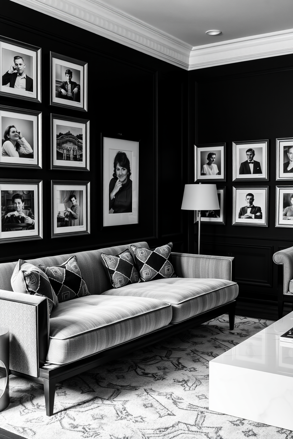 A stylish black and white living room features vintage photographs displayed in elegant frames on the walls. The furniture includes a plush sofa with geometric patterns and a sleek coffee table, creating a balanced and inviting atmosphere.