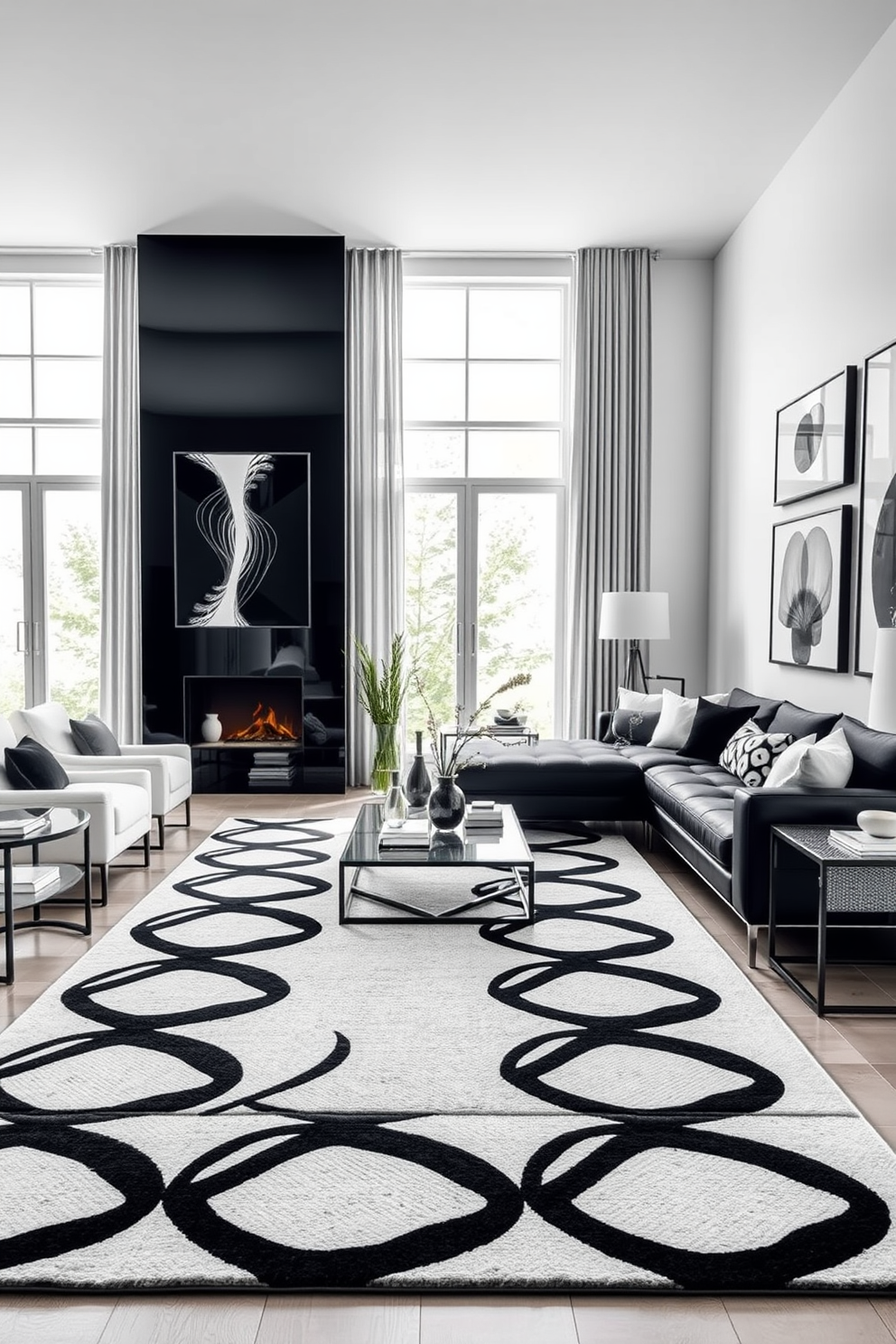 A neutral area rug with bold patterns anchors the living room space, creating a striking focal point. The surrounding decor features a mix of sleek black furniture and white accents, harmonizing modern elegance with comfort. The walls are adorned with black and white artwork that complements the overall theme, adding depth and interest. Large windows allow natural light to flood the room, enhancing the contrast between the dark and light elements.