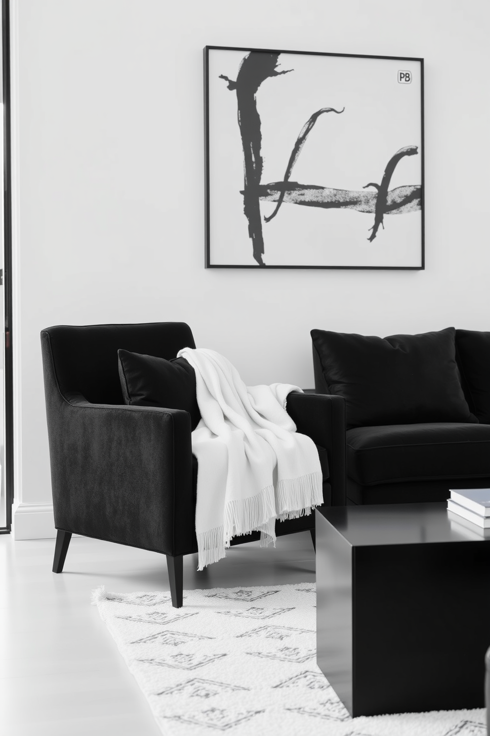 A stylish black armchair is positioned in the corner of a bright living room. It is adorned with a soft white throw draped casually over one arm, adding a touch of comfort and elegance. The walls are painted in a crisp white, creating a clean backdrop for the bold black furniture. A large abstract black and white artwork hangs above a sleek coffee table, enhancing the modern aesthetic of the space.