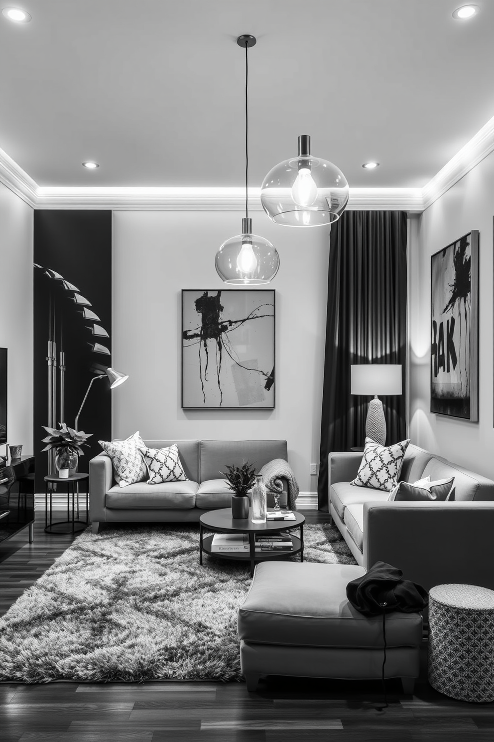 A stylish black and white living room featuring a cozy seating area illuminated by modern pendant lights. The walls are adorned with abstract art, and the floor is complemented by a plush area rug that ties the design together.