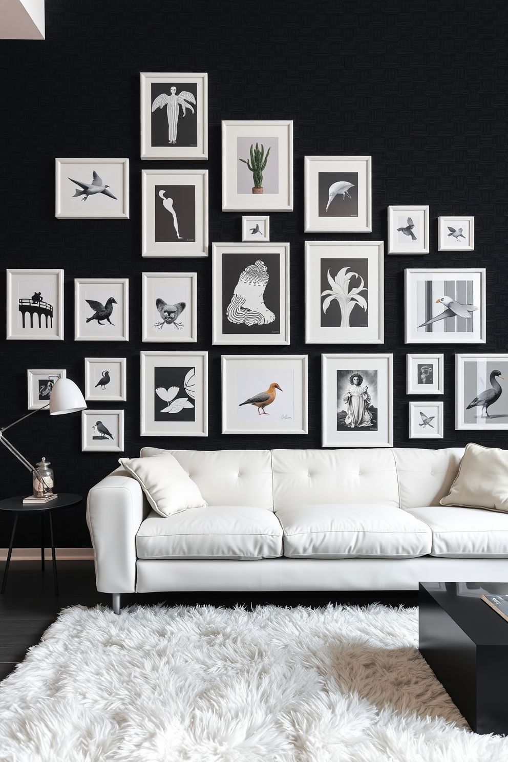 A stylish living room featuring a textured black wall adorned with an array of white frames showcasing various art pieces. The space is complemented by a plush white sofa and a sleek black coffee table, creating a striking contrast.