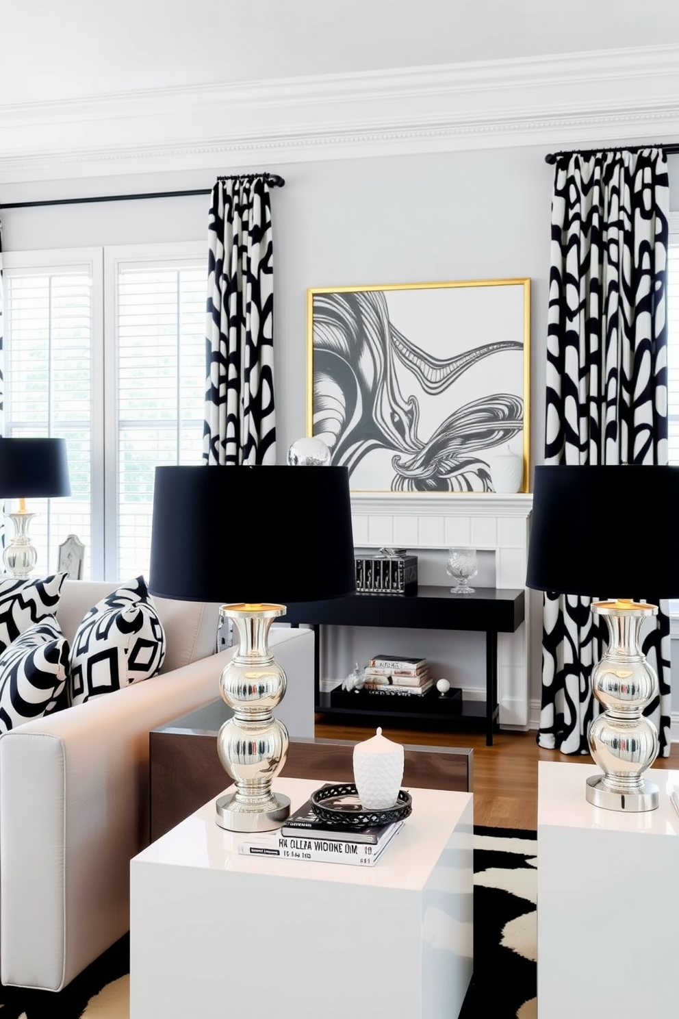 A chic living room featuring white side tables topped with sleek black lampshades. The space is adorned with a monochromatic color palette, emphasizing bold black and white patterns throughout the decor.