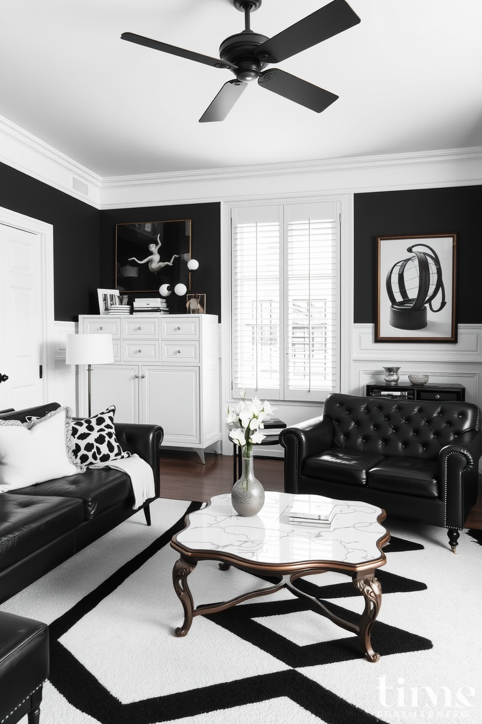 A stylish black and white living room featuring layered lighting with elegant pendant lights hanging from the ceiling and sleek sconces mounted on the walls. The space is adorned with a plush white sofa, a chic black coffee table, and large windows draped with sheer curtains to enhance the natural light.