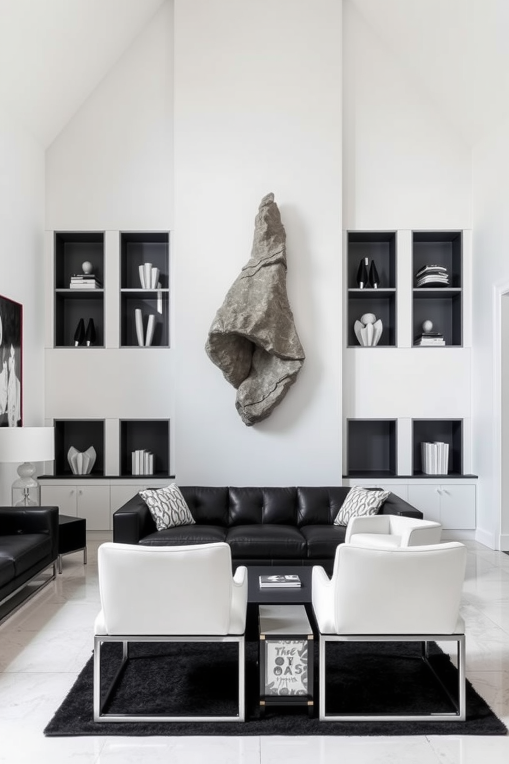 Artistic sculpture as a focal point. The living room features a large abstract sculpture made of polished stone, positioned prominently in the center of the space. Black and White Living Room Design Ideas. The walls are painted in a crisp white, while the furniture includes a sleek black leather sofa and a pair of white accent chairs, creating a striking contrast.