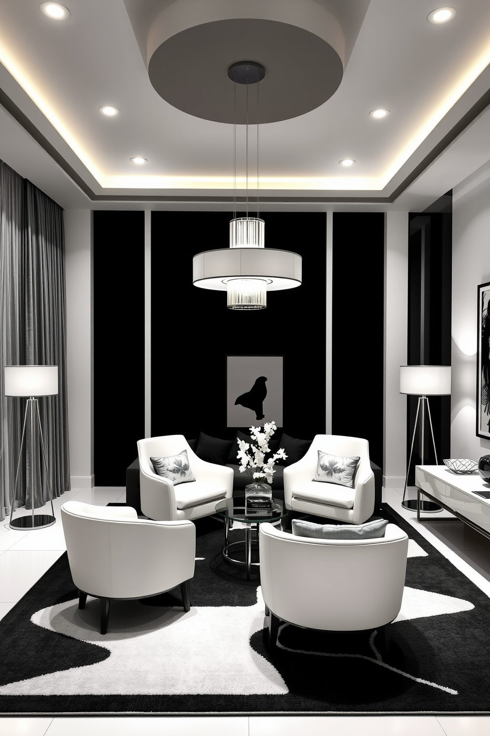 Layered lighting creates a warm and inviting ambiance in a black and white living room. Soft recessed lights illuminate the space while stylish floor lamps add height and texture, enhancing the overall design. The living room features a sleek black sofa paired with white accent chairs, creating a striking contrast. A large area rug with geometric patterns anchors the seating area, while artwork in monochrome tones adorns the walls.