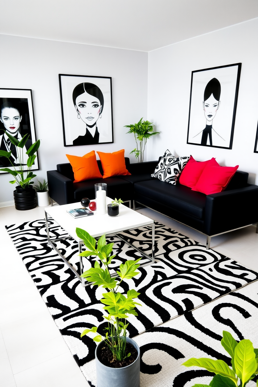 A stylish black and white living room features a sleek sofa and minimalist coffee table. Colorful accessories such as vibrant throw pillows and a bold area rug create a striking contrast against the monochrome backdrop. The walls are adorned with black and white artwork, enhancing the modern aesthetic. A few potted plants with bright green foliage add a lively touch to the space.