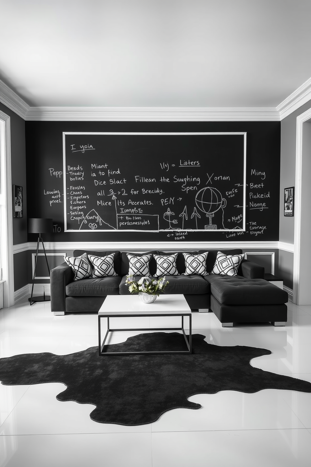 A chalkboard wall serves as a canvas for creative expression, allowing for spontaneous drawings and notes. The wall is framed by sleek white trim, creating a modern contrast against the dark surface. The black and white living room features a large sectional sofa adorned with geometric patterned cushions. A minimalist coffee table sits in the center, complemented by a striking black and white area rug that ties the space together.