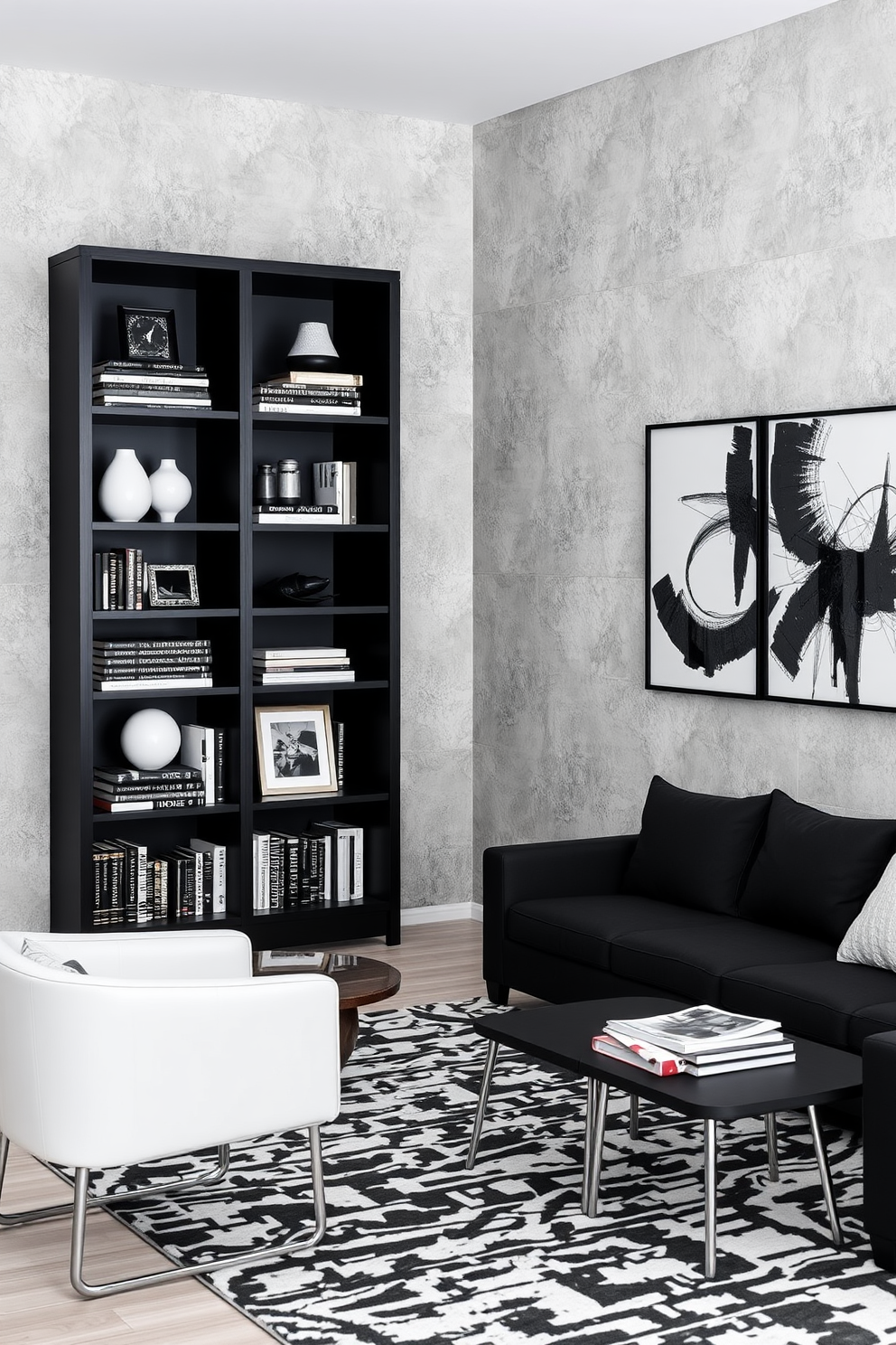 A stylish bookcase filled with black and white books stands against a textured wall. The shelves are adorned with decorative objects and framed black and white photographs for an artistic touch. The living room features a sleek black sofa paired with white accent chairs. A monochromatic area rug ties the space together, while abstract black and white artwork adorns the walls.