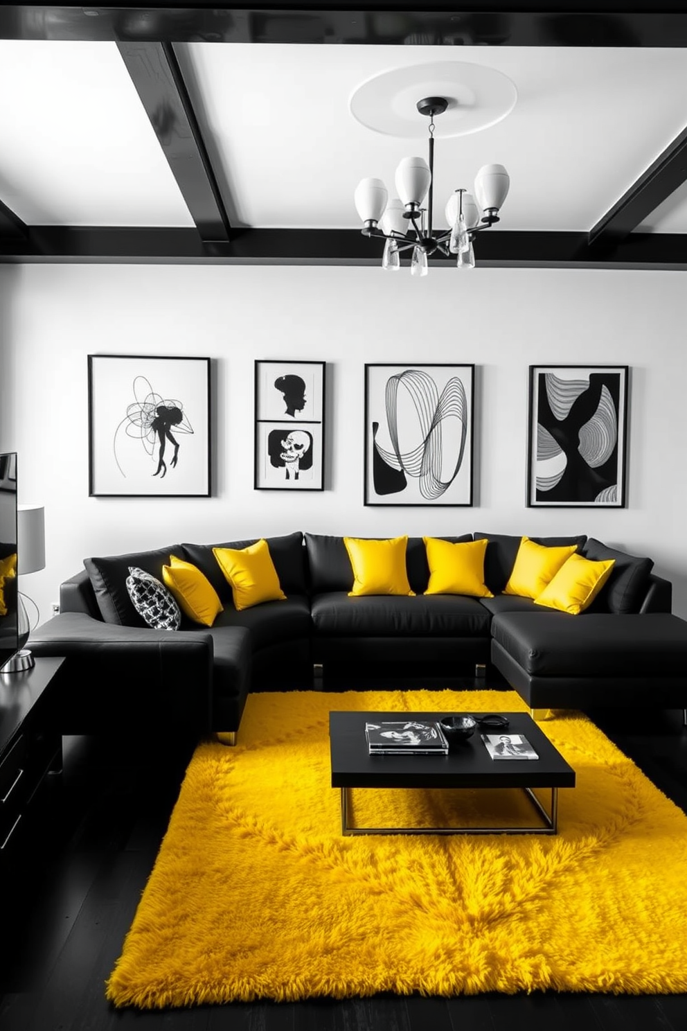 A modern black and white living room featuring a sleek sectional sofa with bright yellow accent pillows. The walls are adorned with black and white artwork, and a vibrant yellow rug anchors the space, adding a cheerful touch.