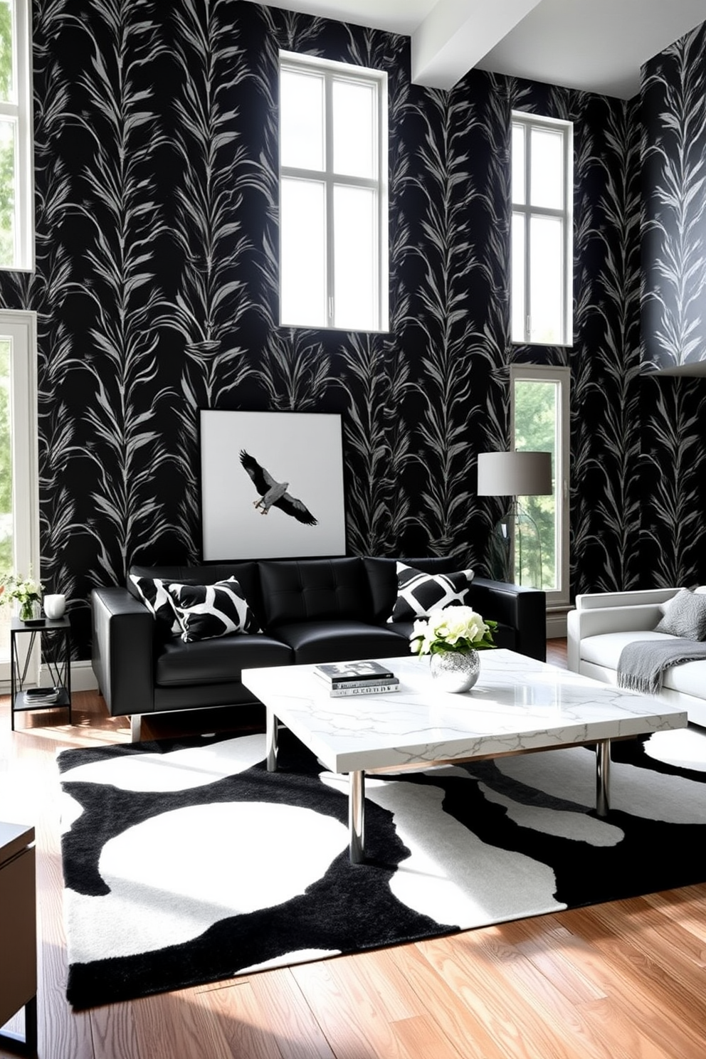 A striking living room featuring bold black and white wallpaper that creates a dramatic backdrop. The room is furnished with a sleek black leather sofa and a white marble coffee table, accented by geometric black and white throw pillows. Natural light floods the space through large windows, highlighting the contrast between the dark wallpaper and light furnishings. A stylish black and white area rug anchors the seating area, while a modern art piece adds a touch of sophistication to the decor.