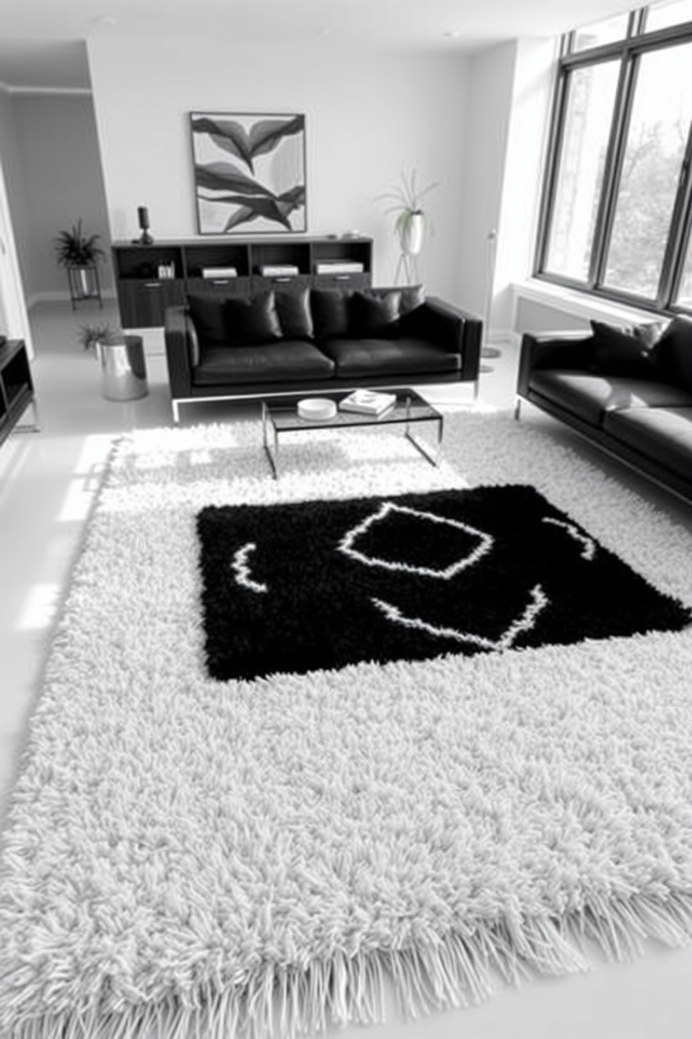 A black and white living room features a layered rug arrangement that adds depth and texture to the space. The primary rug is a plush white shag, while a smaller geometric black and white rug sits atop it, creating a striking contrast. The room is adorned with sleek black furniture, including a modern sofa and minimalist coffee table. Large windows allow natural light to flood in, enhancing the monochromatic color scheme and making the space feel open and inviting.