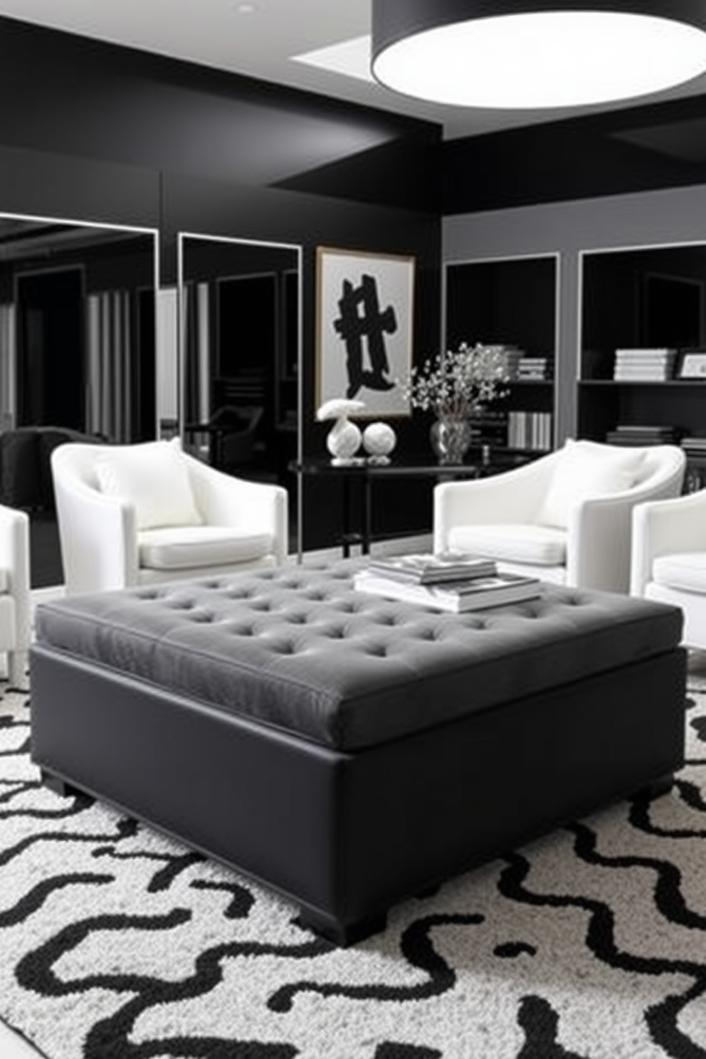 Charming white accent chairs with black legs are placed strategically in a stylish living room. The room features a modern black and white color palette with bold geometric patterns on the area rug. The walls are adorned with black and white artwork, creating a striking visual contrast. A sleek coffee table with a glass top sits in the center, complementing the overall aesthetic of elegance and simplicity.