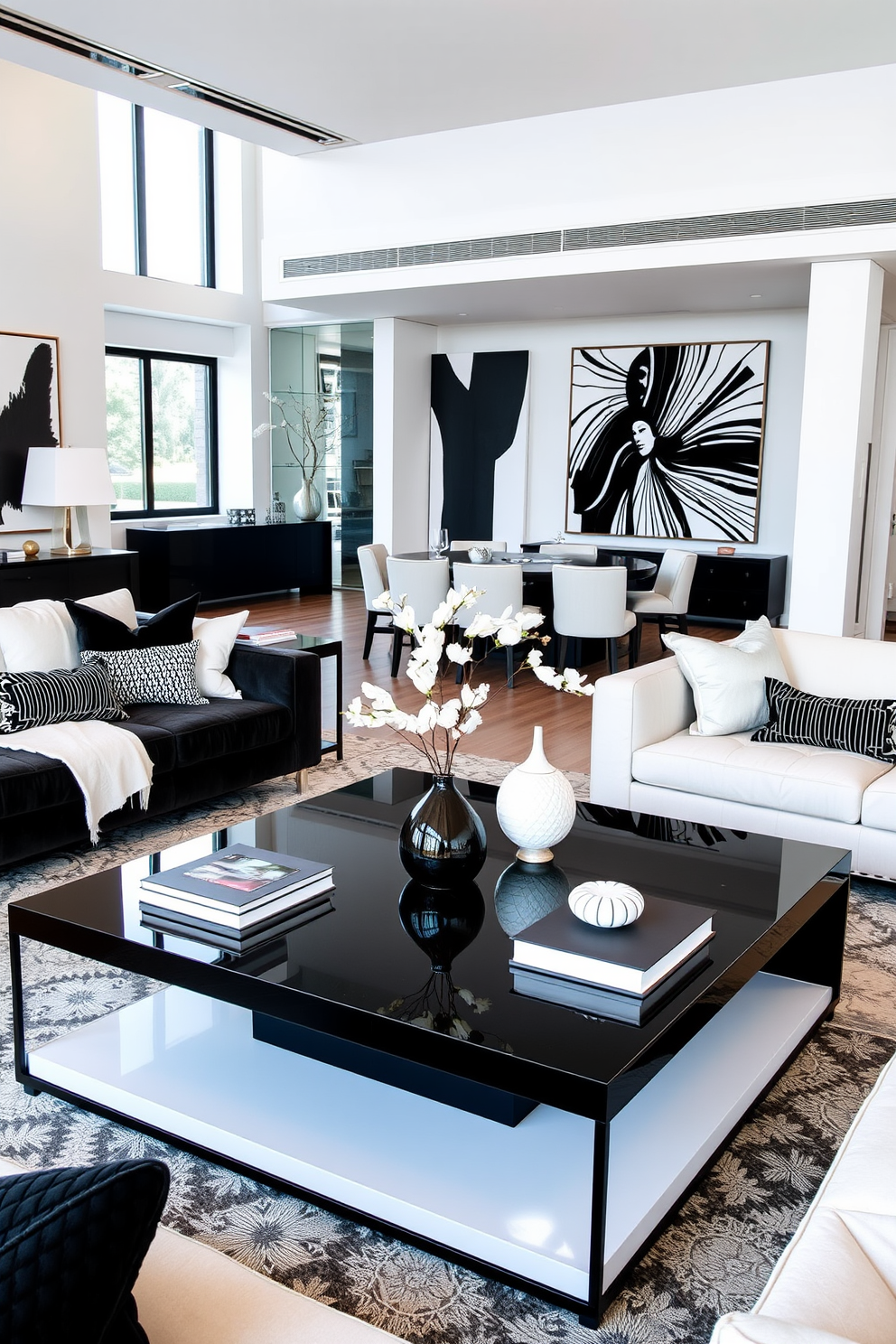 A sleek black coffee table sits at the center of a modern living room, adorned with white decor accents that create a striking contrast. The surrounding space features a mix of plush black and white furniture, accentuated by bold artwork on the walls. The room is designed with an open layout, allowing natural light to flood in through large windows. Soft textures and geometric patterns enhance the sophisticated atmosphere, making it a perfect setting for relaxation and entertainment.