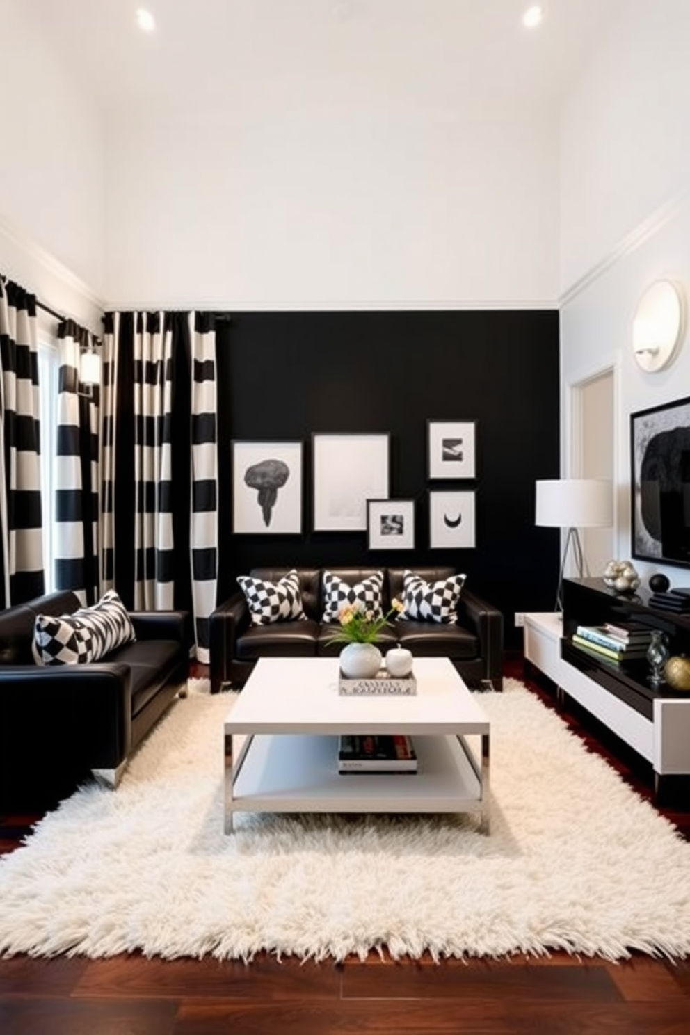 Create a stylish living room featuring black and white striped curtains that draw the eye upward, enhancing the vertical space of the room. The furniture should include a sleek black leather sofa paired with a white coffee table, accented by geometric black and white throw pillows. Incorporate a bold black accent wall adorned with minimalistic art pieces, while the remaining walls are painted in a soft white hue. Add a plush white area rug to anchor the seating area, and include modern lighting fixtures that provide a warm ambiance.