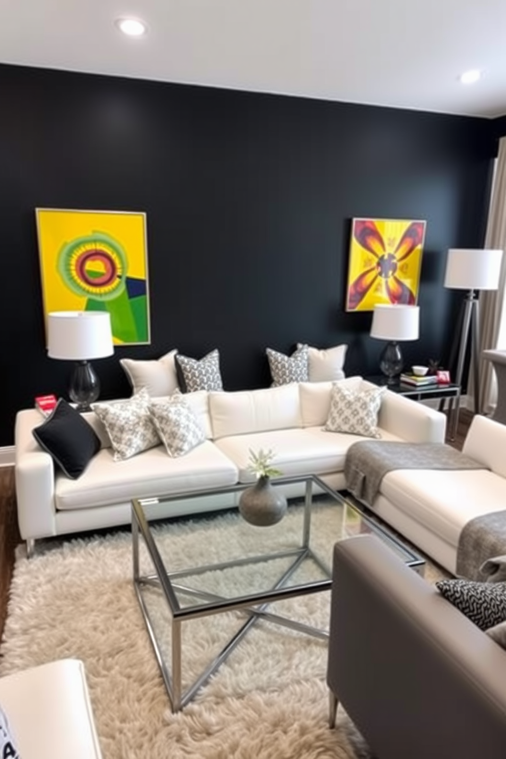 A striking accent wall painted in bold black creates a dramatic focal point in the living room. The space features a mix of modern furniture in white and gray tones, complemented by vibrant artwork that adds a touch of personality. The seating area includes a plush white sofa adorned with black and patterned throw pillows. A sleek coffee table in glass and metal sits atop a soft area rug, tying the design together with elegance.