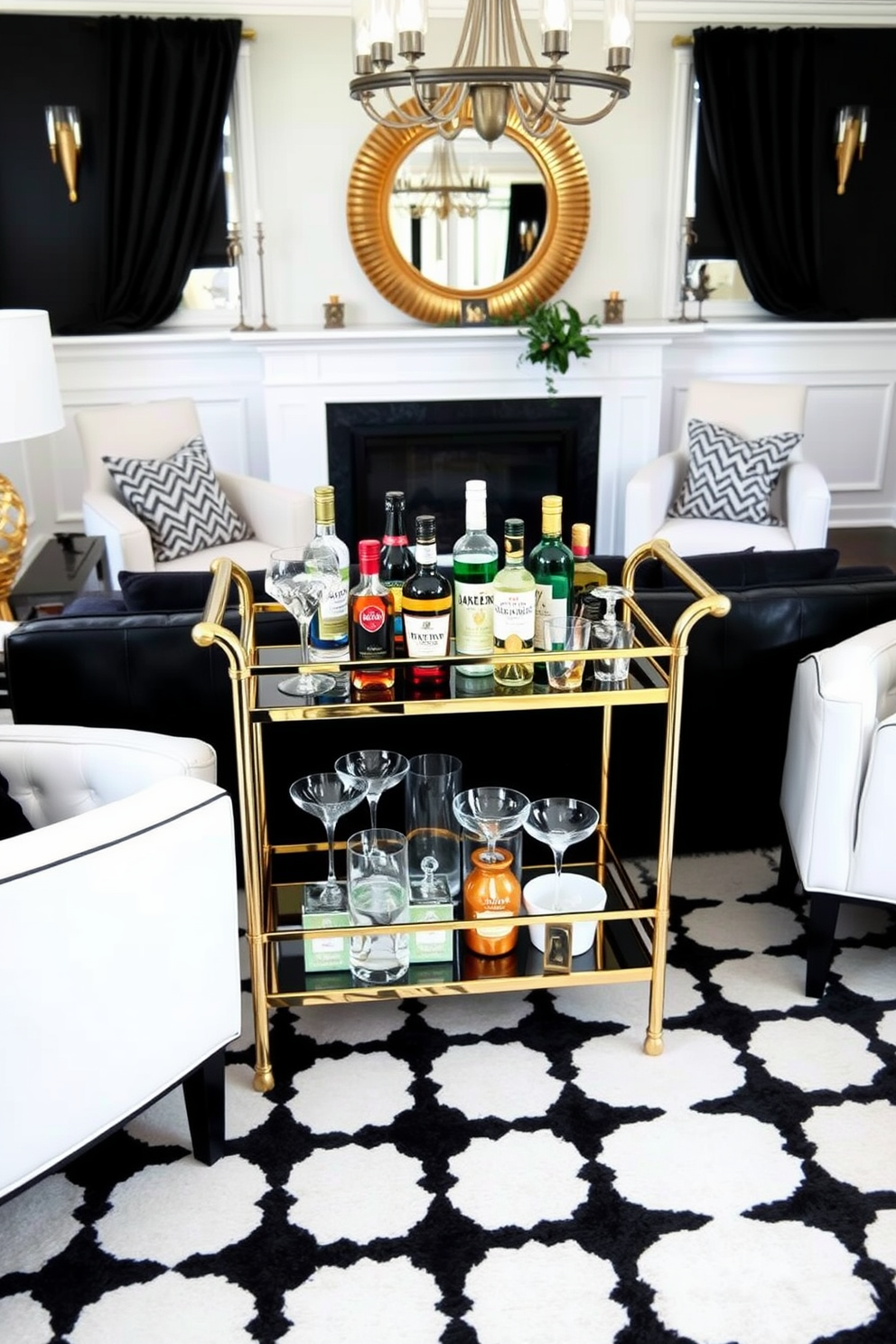 Chic bar cart with metallic finishes. The cart features a sleek design with gold accents, showcasing an array of premium spirits and elegant glassware. Black and White Living Room Design Ideas. The space is adorned with a plush black sofa paired with white accent chairs, complemented by a geometric black and white rug.