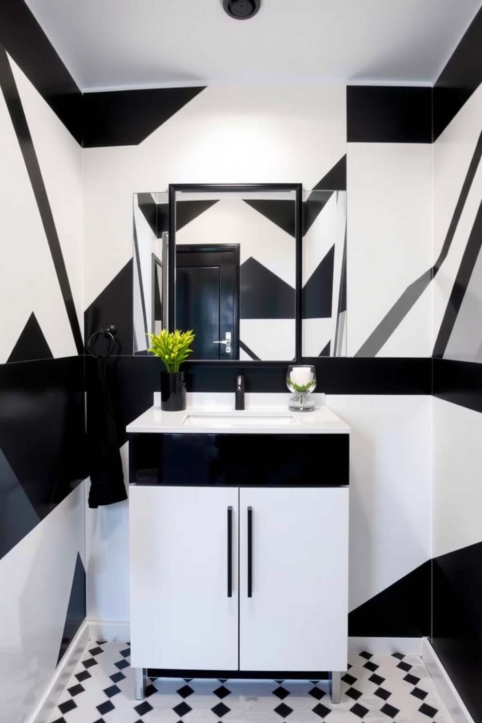 A sleek black vanity with a pristine white countertop takes center stage in the powder room. The walls are adorned with bold black and white geometric patterns, creating a striking contrast that enhances the modern aesthetic. Above the vanity, a large round mirror with a minimalist black frame reflects the stylish design. Elegant brass fixtures and accessories add a touch of warmth and sophistication to the monochrome palette.