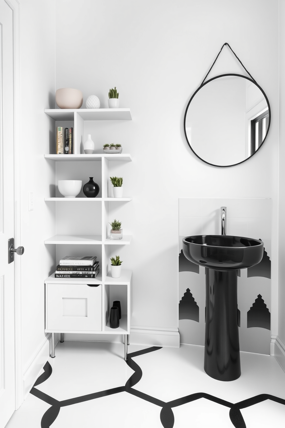 A chic powder room featuring textured white tiles that add depth and interest to the space. The design combines bold black accents with sleek white fixtures, creating a striking contrast. The walls are adorned with a matte black finish, enhancing the modern aesthetic. A stylish black vanity with gold hardware complements the overall look, while a round mirror adds a touch of elegance.