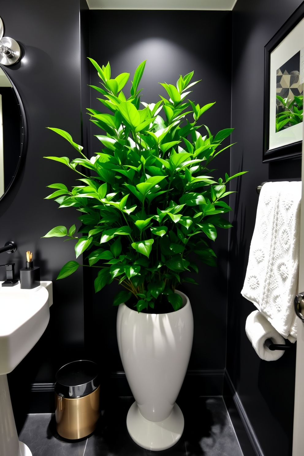 A stylish black and white powder room features a sleek black framed glass shower enclosure that adds a modern touch. The walls are adorned with elegant black and white patterned tiles, creating a striking contrast that enhances the space's sophistication.