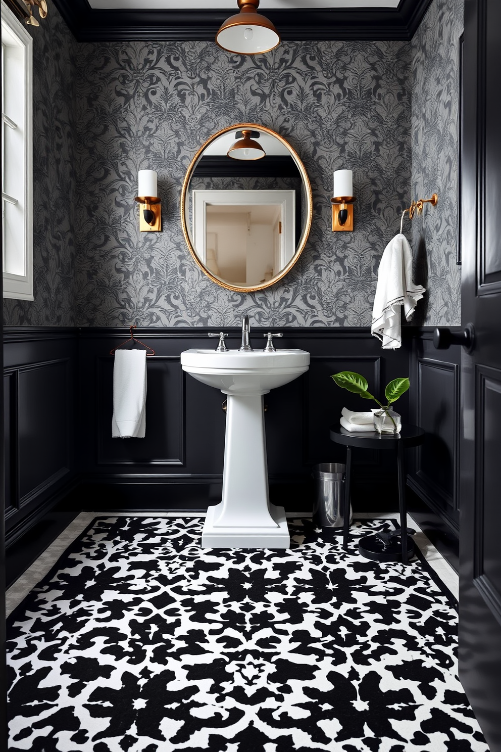 A striking powder room featuring dramatic lighting with sleek black fixtures. The space is adorned with a monochromatic color scheme, showcasing bold black and white patterns on the walls and floor. The vanity is a modern design with a glossy black finish, complemented by a white marble sink. Elegant sconces with black shades illuminate the room, casting a warm glow that enhances the sophisticated atmosphere.